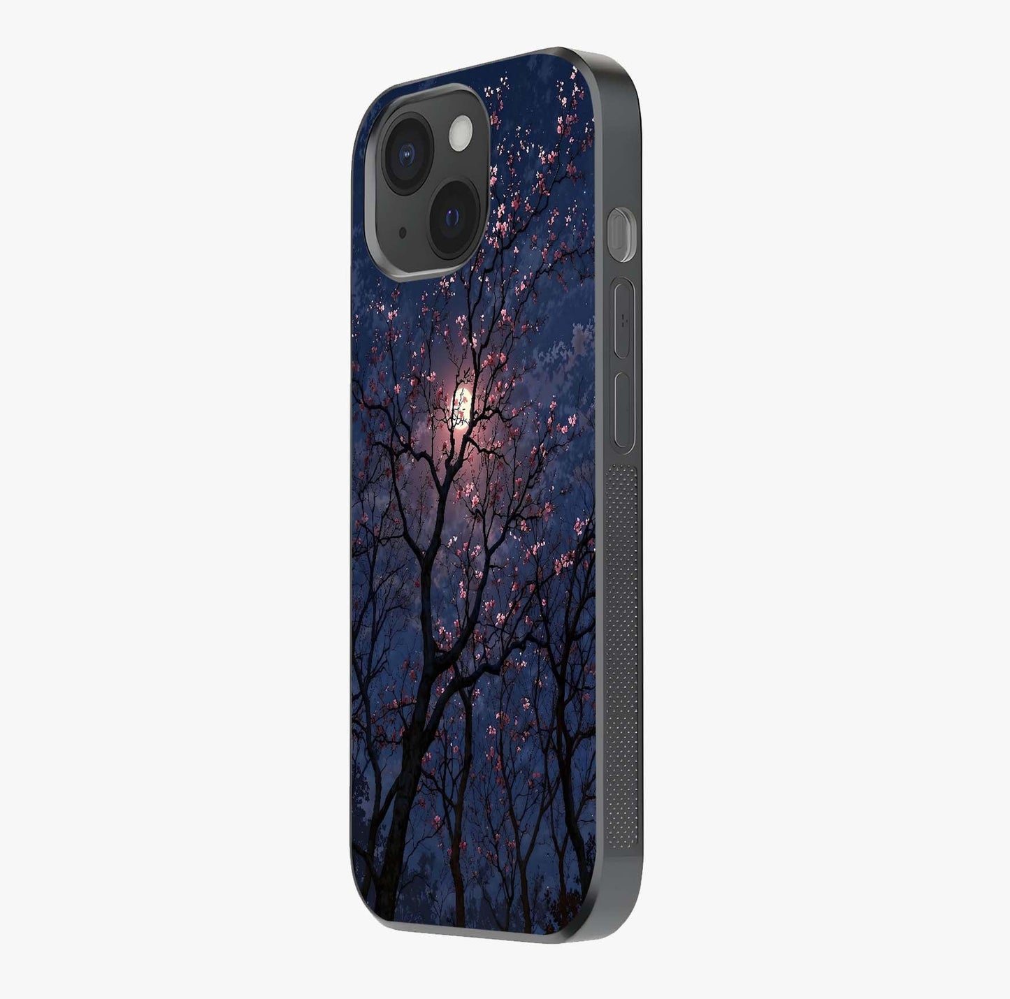 Twilight Sakura Serenade Glass Case photographed in natural light showing reflective finish and design depth.
