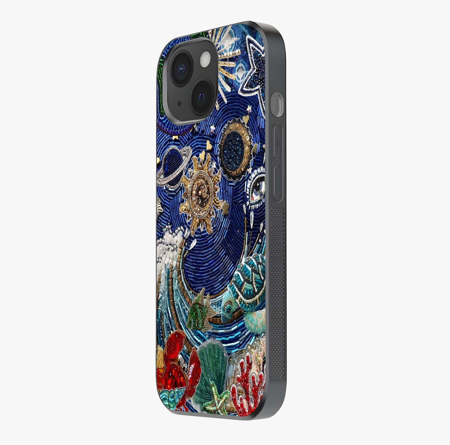 Universe Underwater Spark Glass Case photographed in natural light showing reflective finish and design depth.