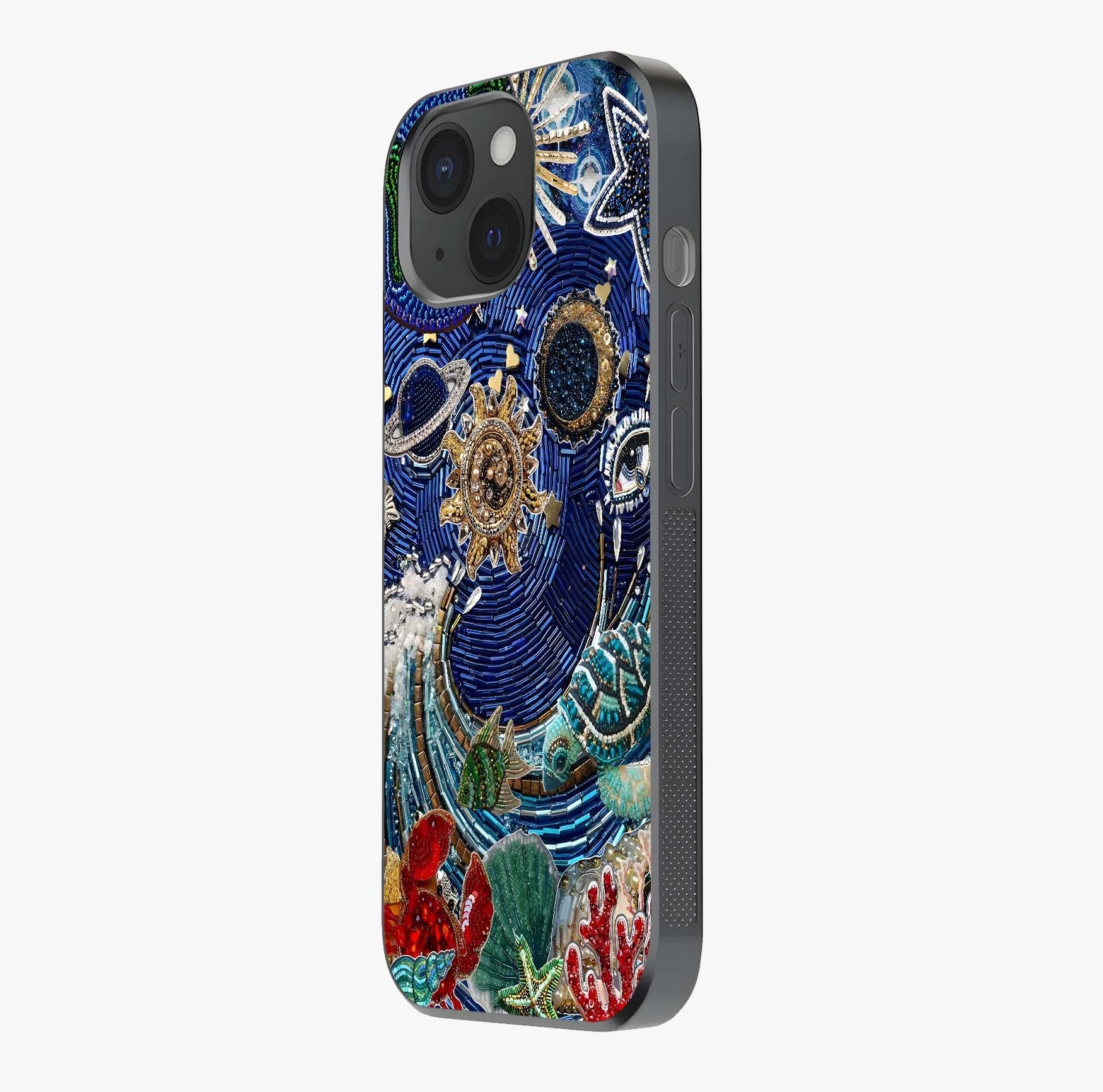 Universe Underwater Spark Glass Case photographed in natural light showing reflective finish and design depth.
