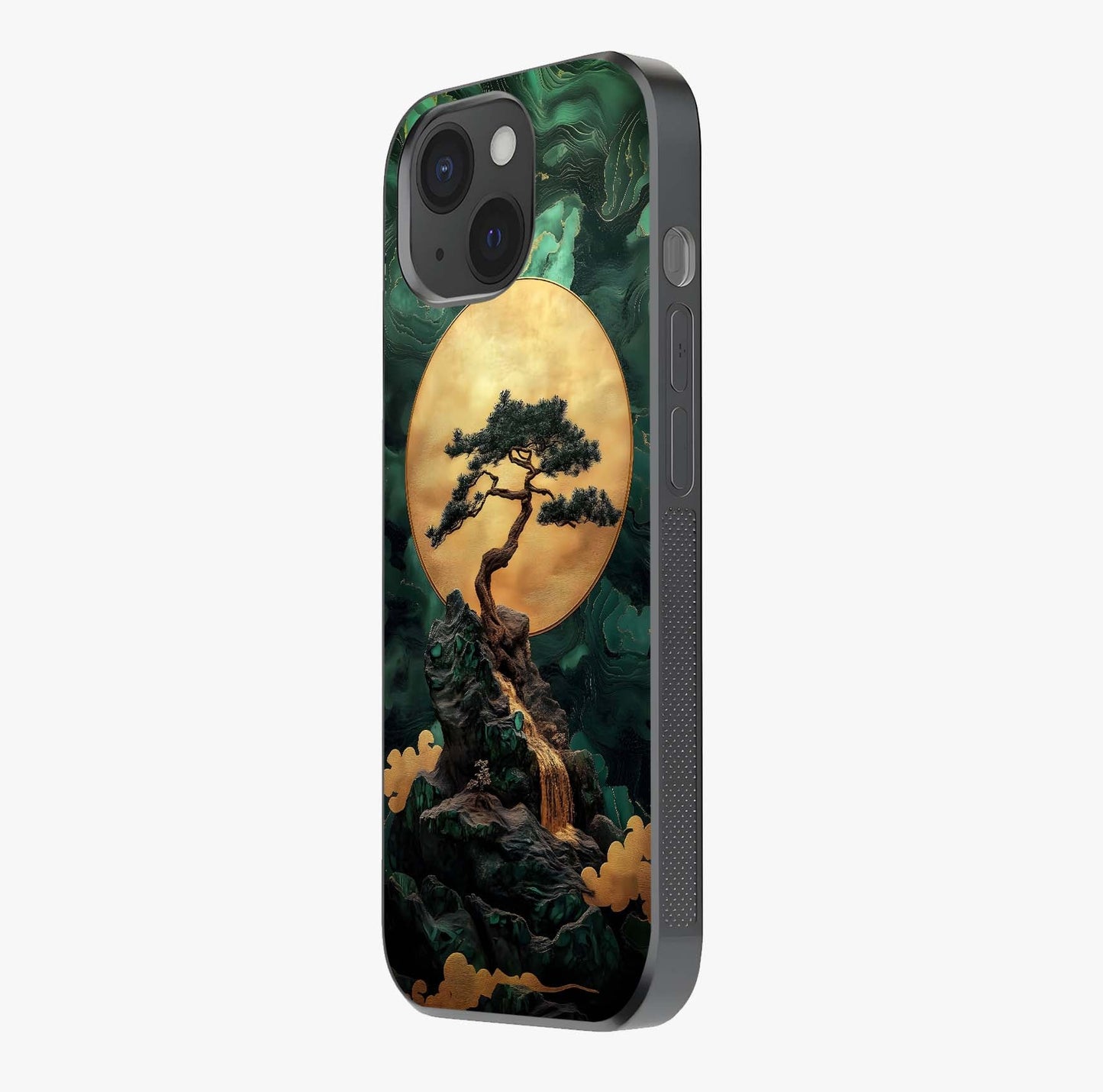 Zen Moon Rise Glass Case photographed in natural light showing reflective finish and design depth
