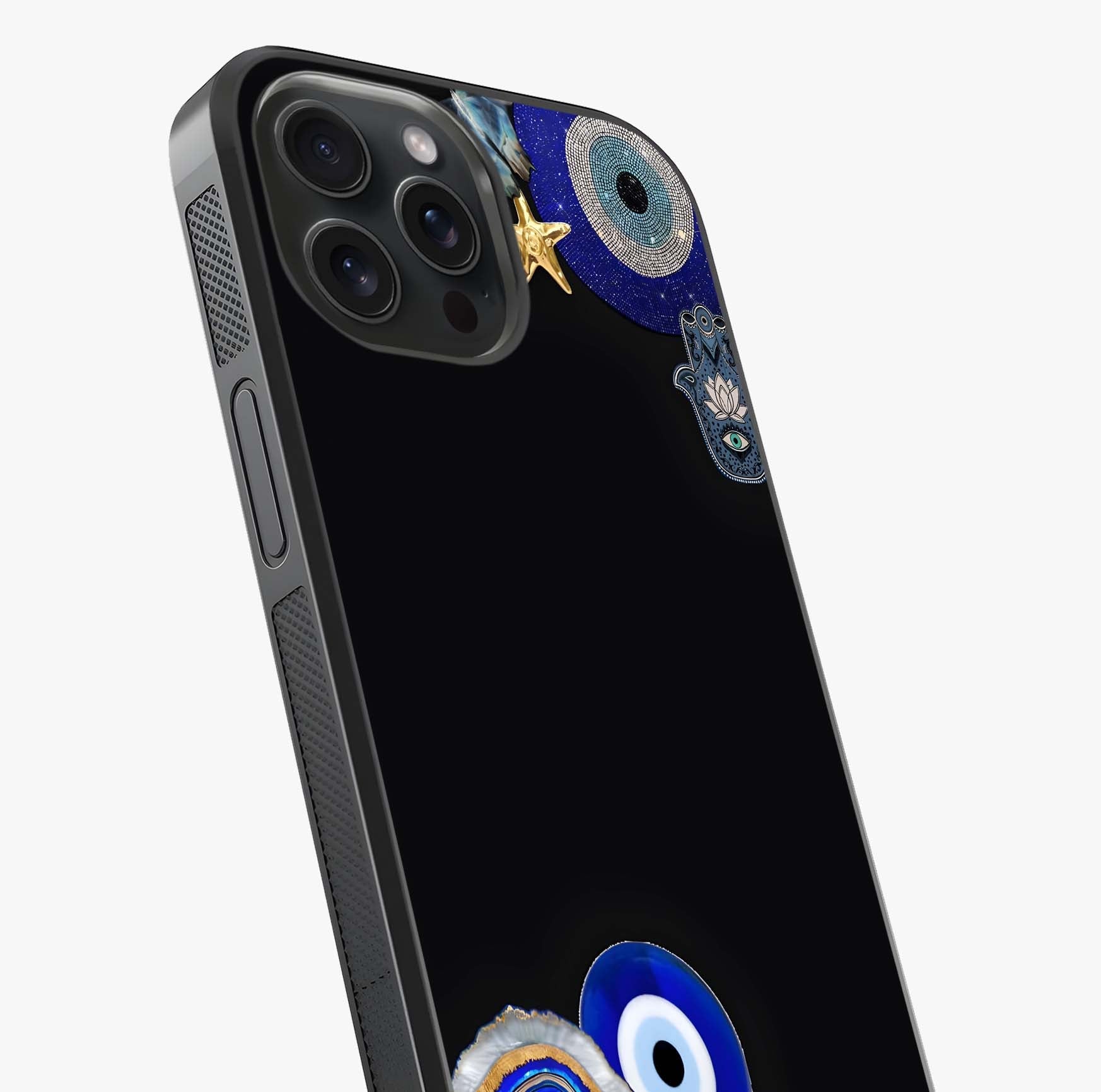 Aesthetic Blue Evil Eye Glass Case captured at a warm angle highlighting gloss, texture and premium glass finish.