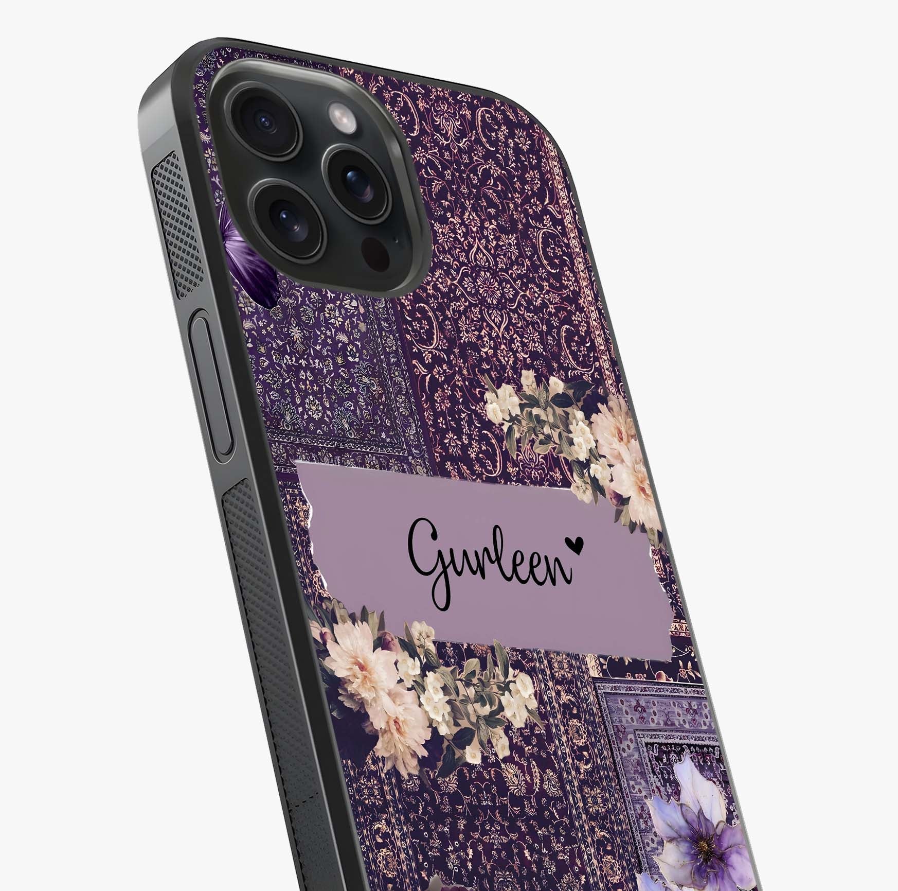 Antique Floral Whisper Custom Name Glass Case captured at a warm angle highlighting gloss, texture and premium glass finish.