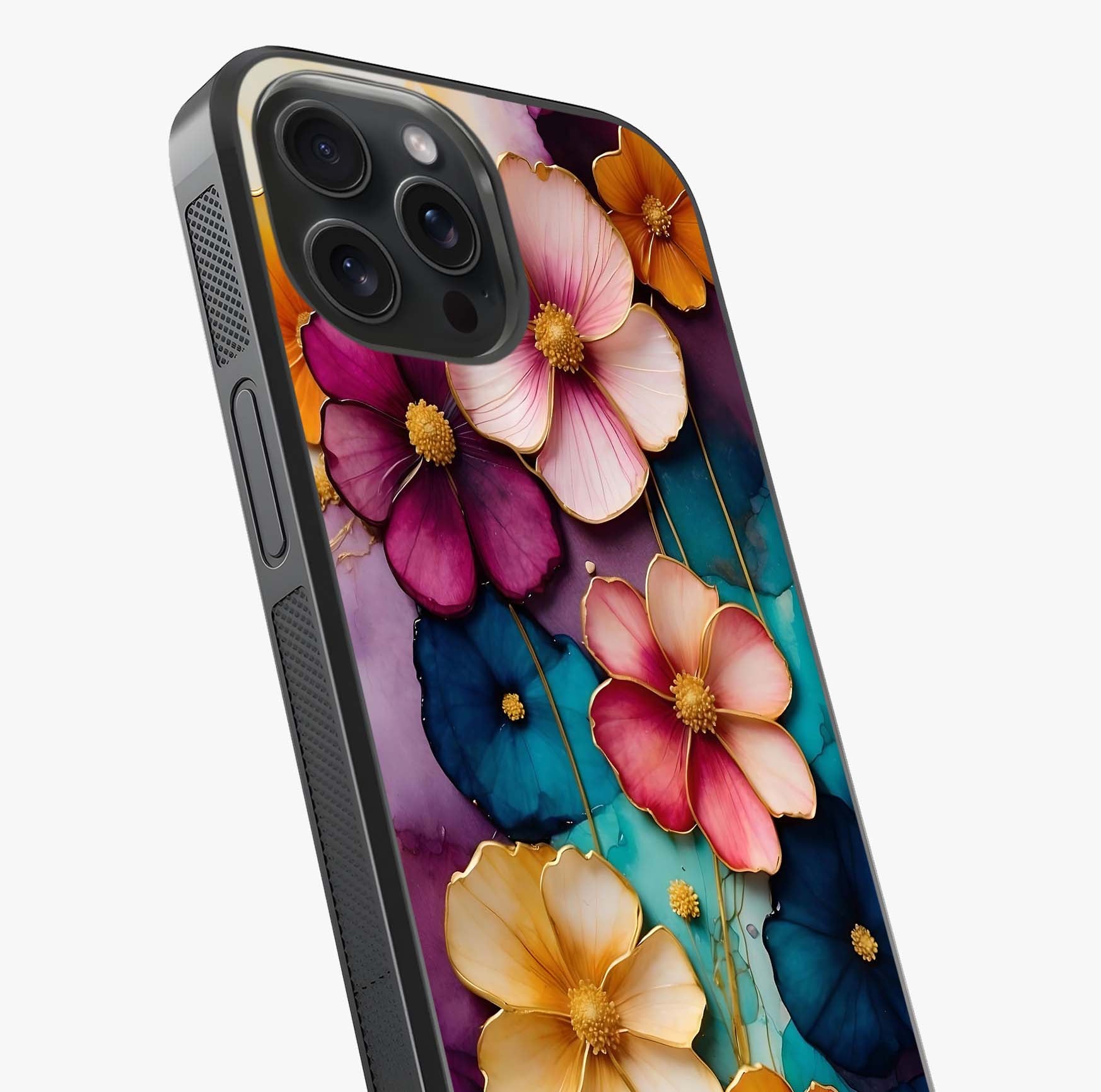 Artlyn Grace Flower Pattern Glass Case captured at a warm angle highlighting gloss, texture and premium glass finish.