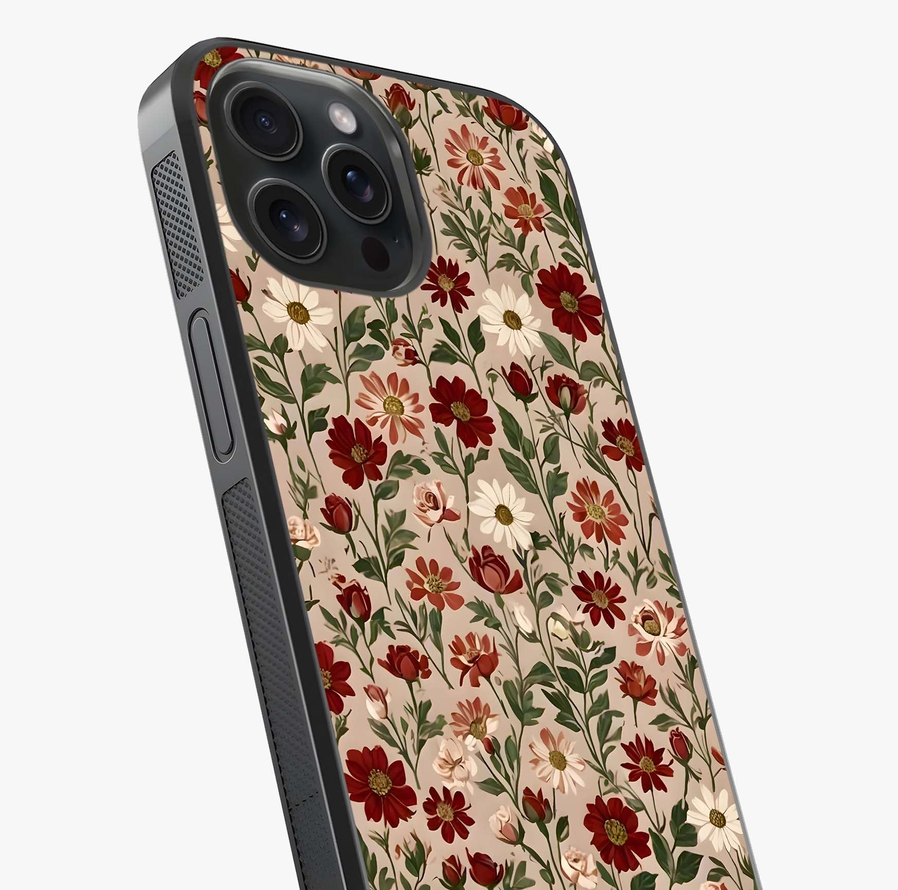 Biege Flower With Leaf Glass Case captured at a warm angle highlighting gloss, texture and premium glass finish.