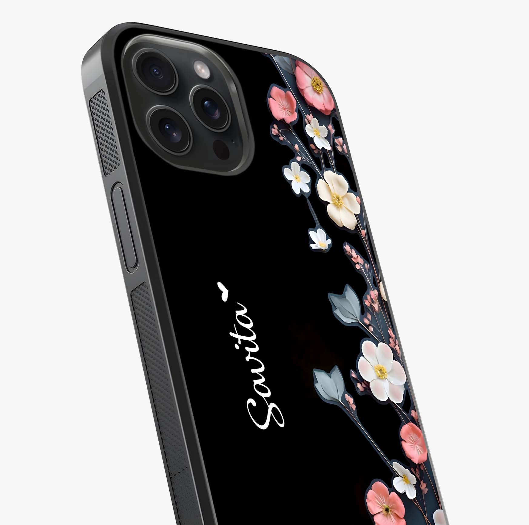 Black Elegance Floral Custom Name Glass Case captured at a warm angle highlighting gloss, texture and premium glass finish.