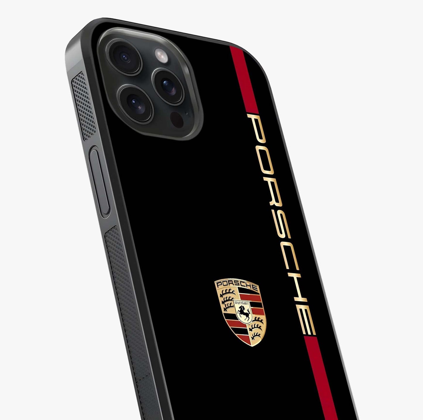 Black Minimal Porsche Glass Case captured at a warm angle highlighting gloss, texture and premium glass finish.
