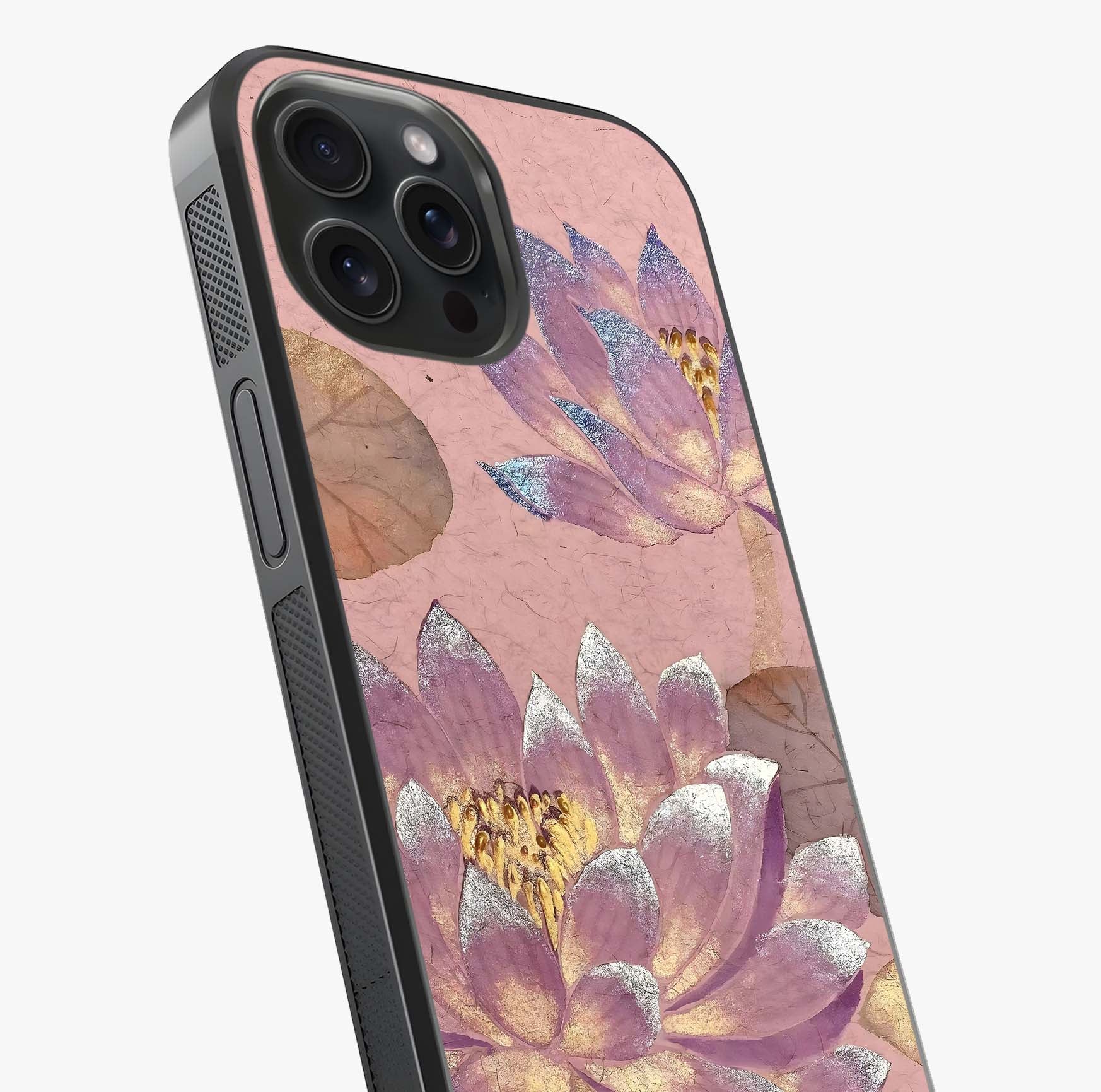 Blossom Mist Lotus Glass Case captured at a warm angle highlighting gloss, texture and premium glass finish.