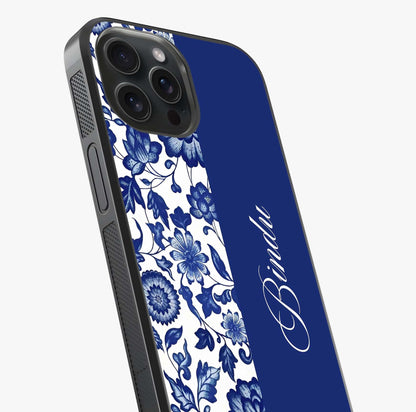 Blue Vintage Floral Pattern Glass Case captured at a warm angle highlighting gloss, texture and premium glass finish.