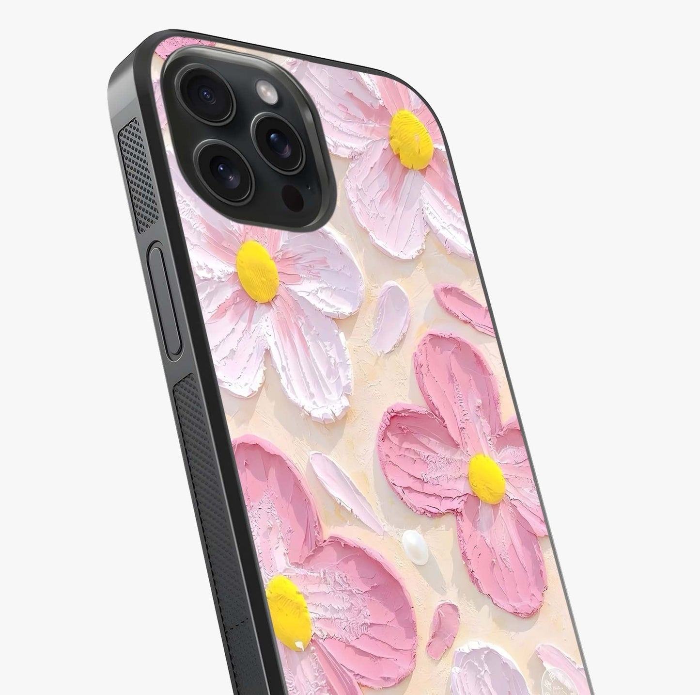 Blush Bloom Texture Glass Case captured at a warm angle highlighting gloss, texture and premium glass finish.