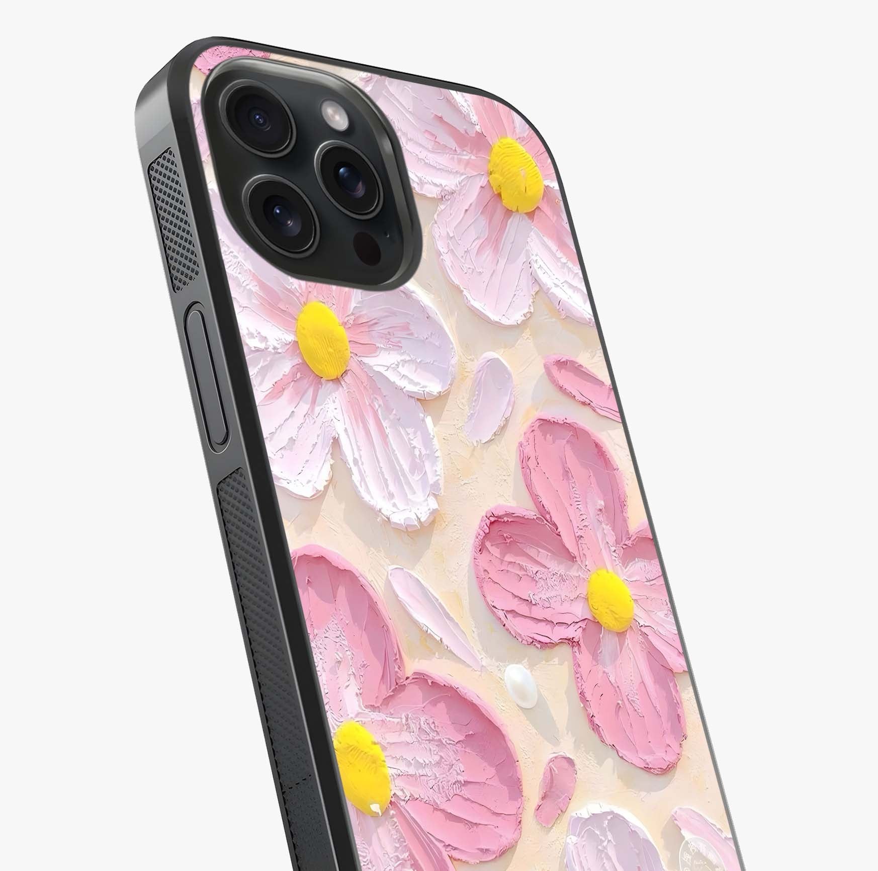 Blush Bloom Texture Glass Case captured at a warm angle highlighting gloss, texture and premium glass finish.