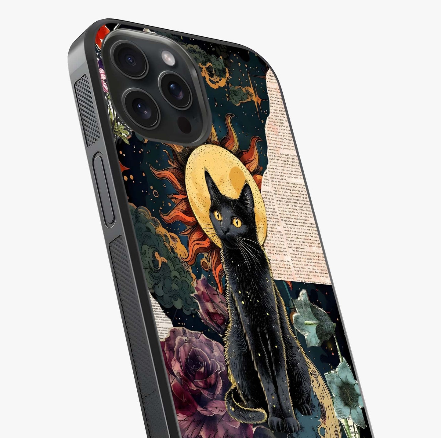 Celestial Black Cat Glass Case captured at a warm angle highlighting gloss, texture and premium glass finish.