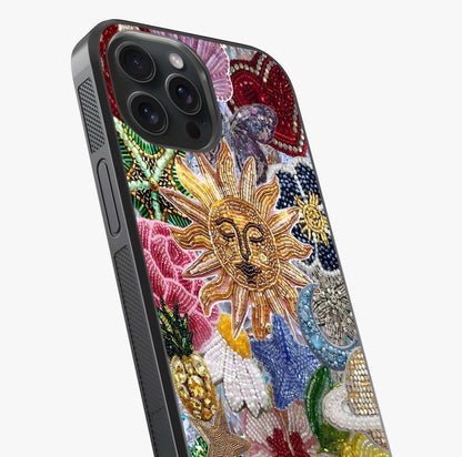 Celestial Floral And Playful Glass Case captured at a warm angle highlighting gloss, texture and premium glass finish.