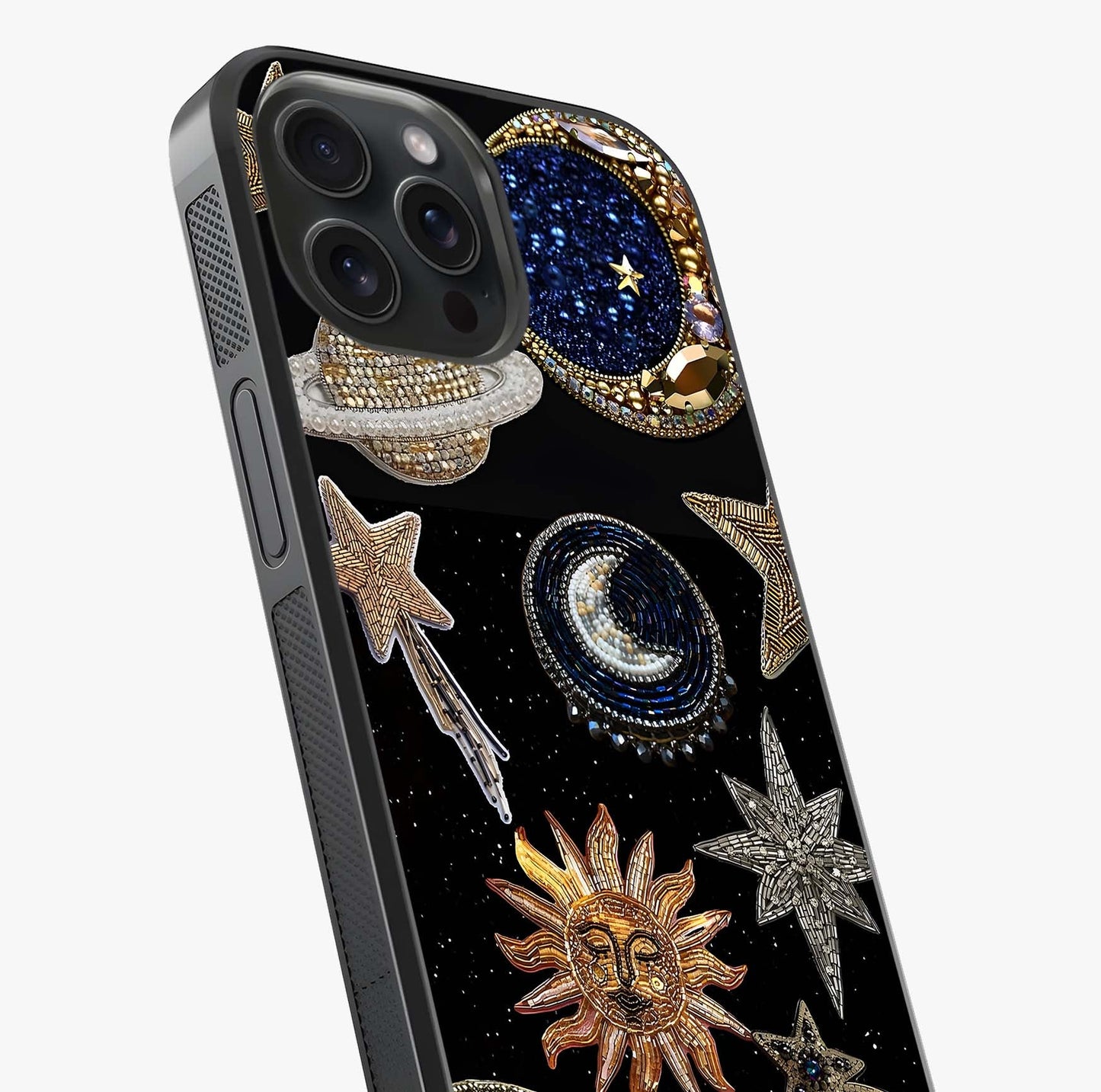 Celestial Gem Constellations Glass Case captured at a warm angle highlighting gloss, texture and premium glass finish.