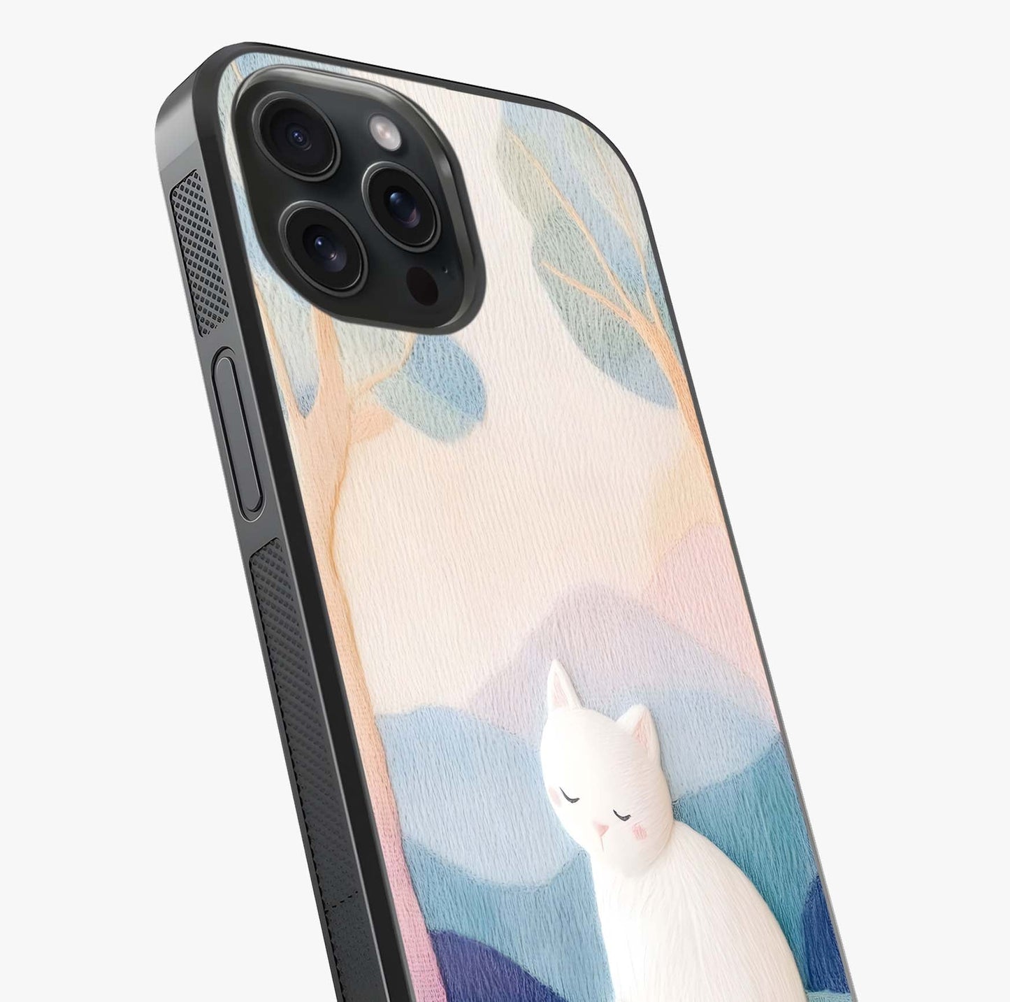 Cotton Dream Cat Glass Case captured at a warm angle highlighting gloss, texture and premium glass finish.