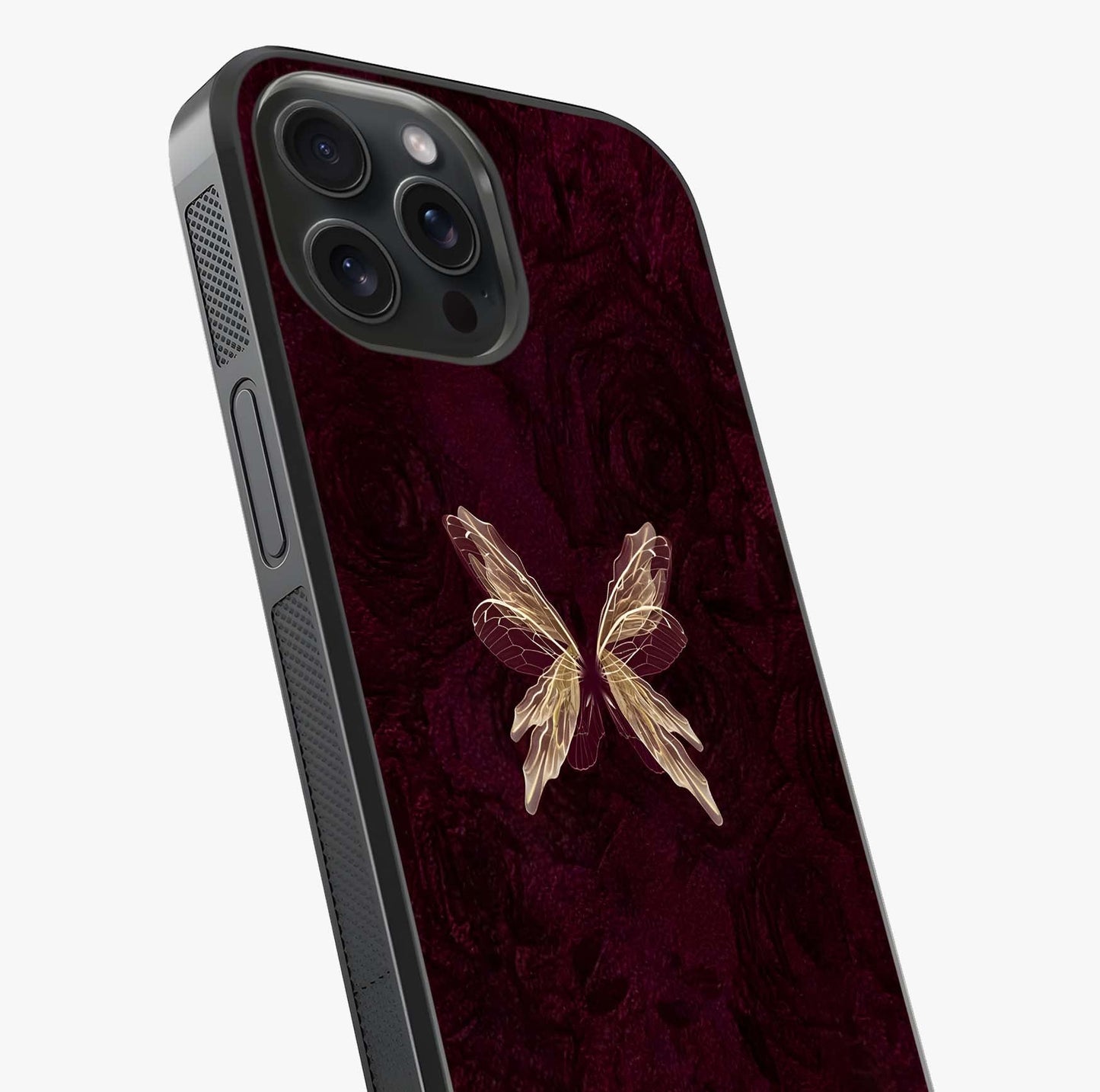 Crimson Fade Butterfly Glass Case captured at a warm angle highlighting gloss, texture and premium glass finish.