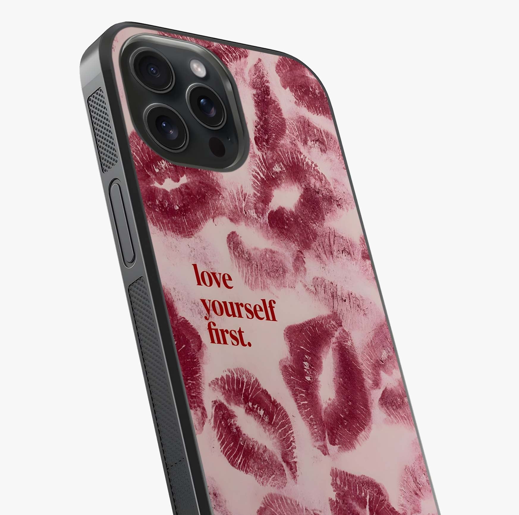 Crimson Kiss Love Glass Case captured at a warm angle highlighting gloss, texture and premium glass finish.