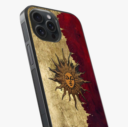 Crimson Sun Majesty Glass Case captured at a warm angle highlighting gloss, texture and premium glass finish.