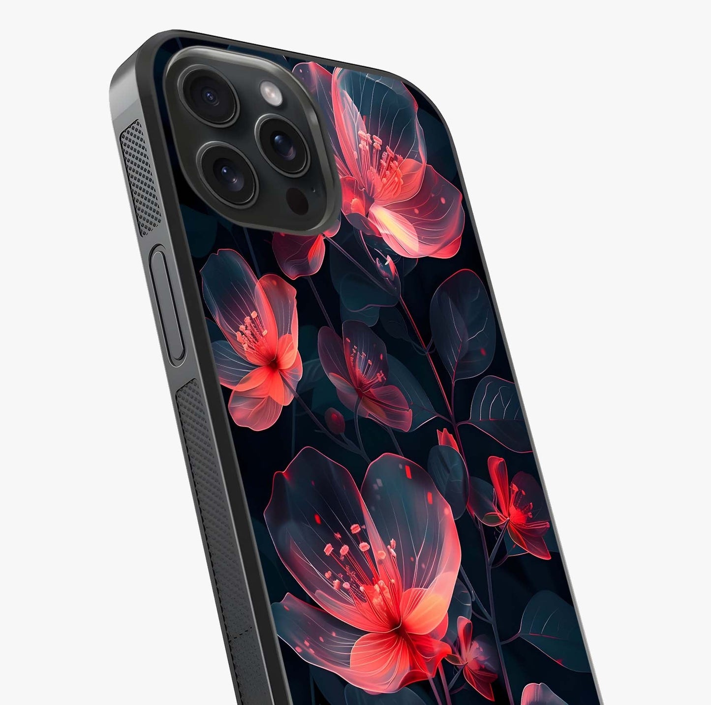 Dark Shade Of Flower Glass Case captured at a warm angle highlighting gloss, texture and premium glass finish.