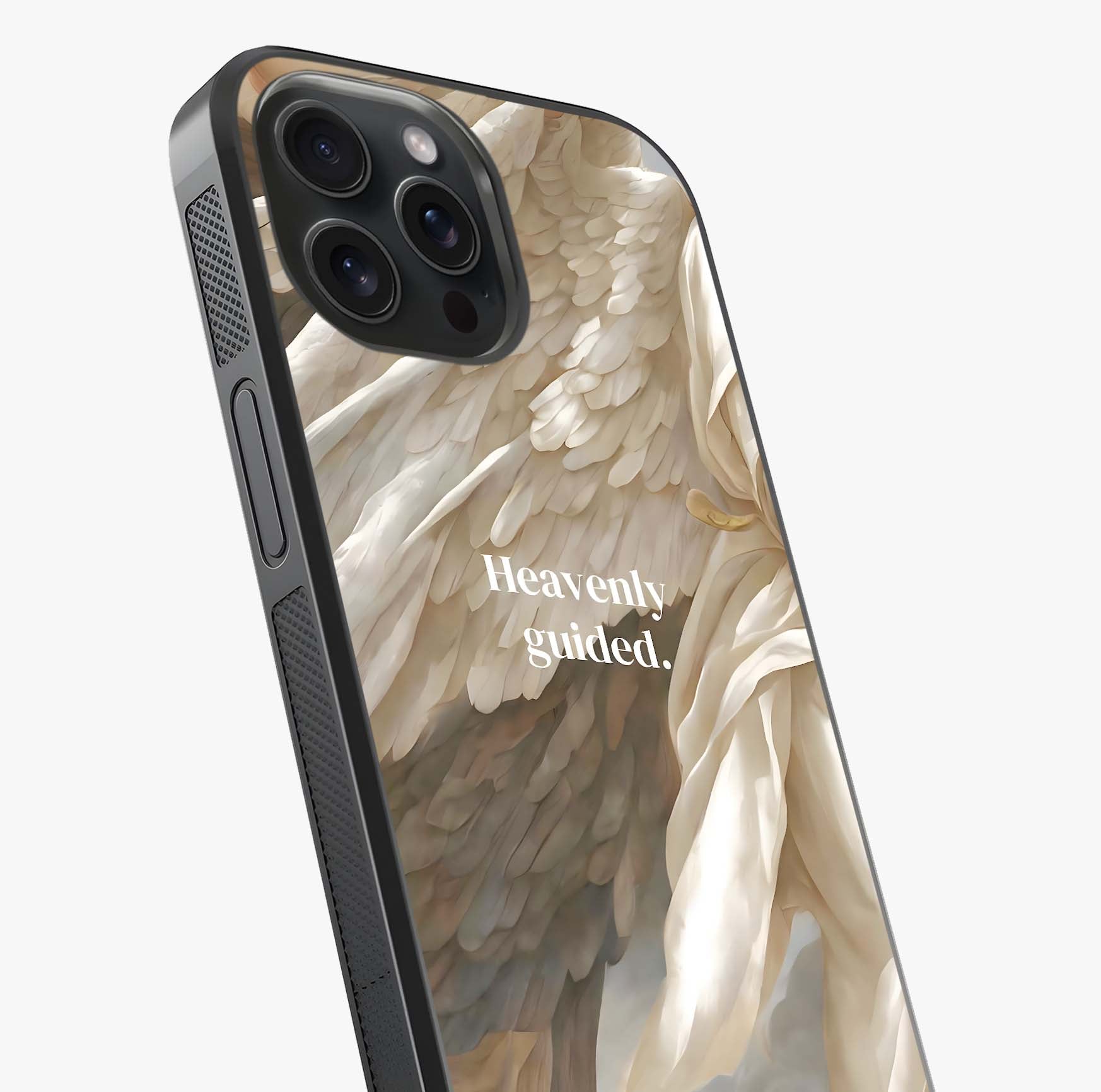 Divine Winged Grace Glass Case captured at a warm angle highlighting gloss, texture and premium glass finish.