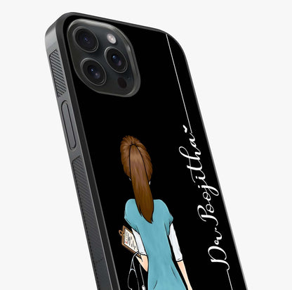 Doctor Pattern Custom Name Glass Case captured at a warm angle highlighting gloss, texture and premium glass finish.