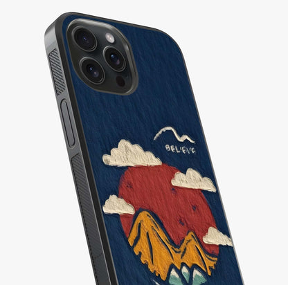 Dream Beyond Mountains Glass Case captured at a warm angle highlighting gloss, texture and premium glass finish.