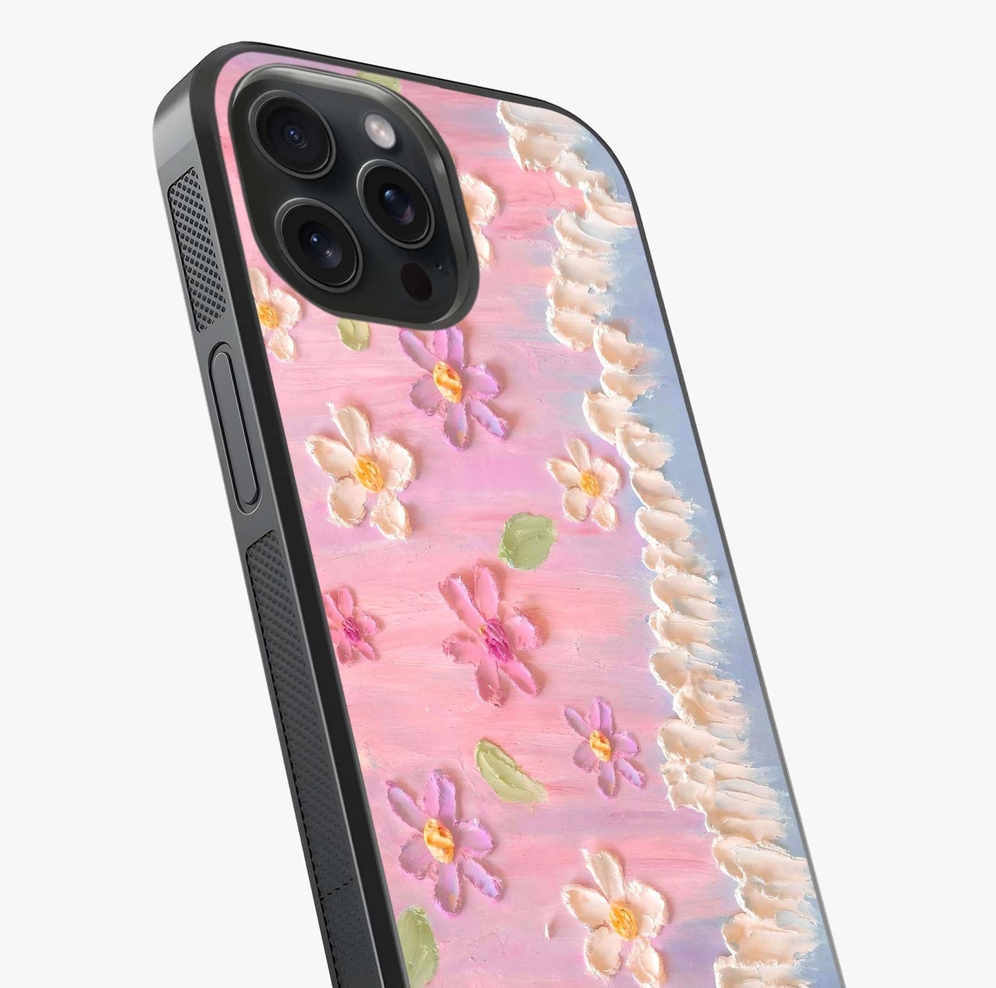 Dreamy Painted Garden Glass Case captured at a warm angle highlighting gloss, texture and premium glass finish.