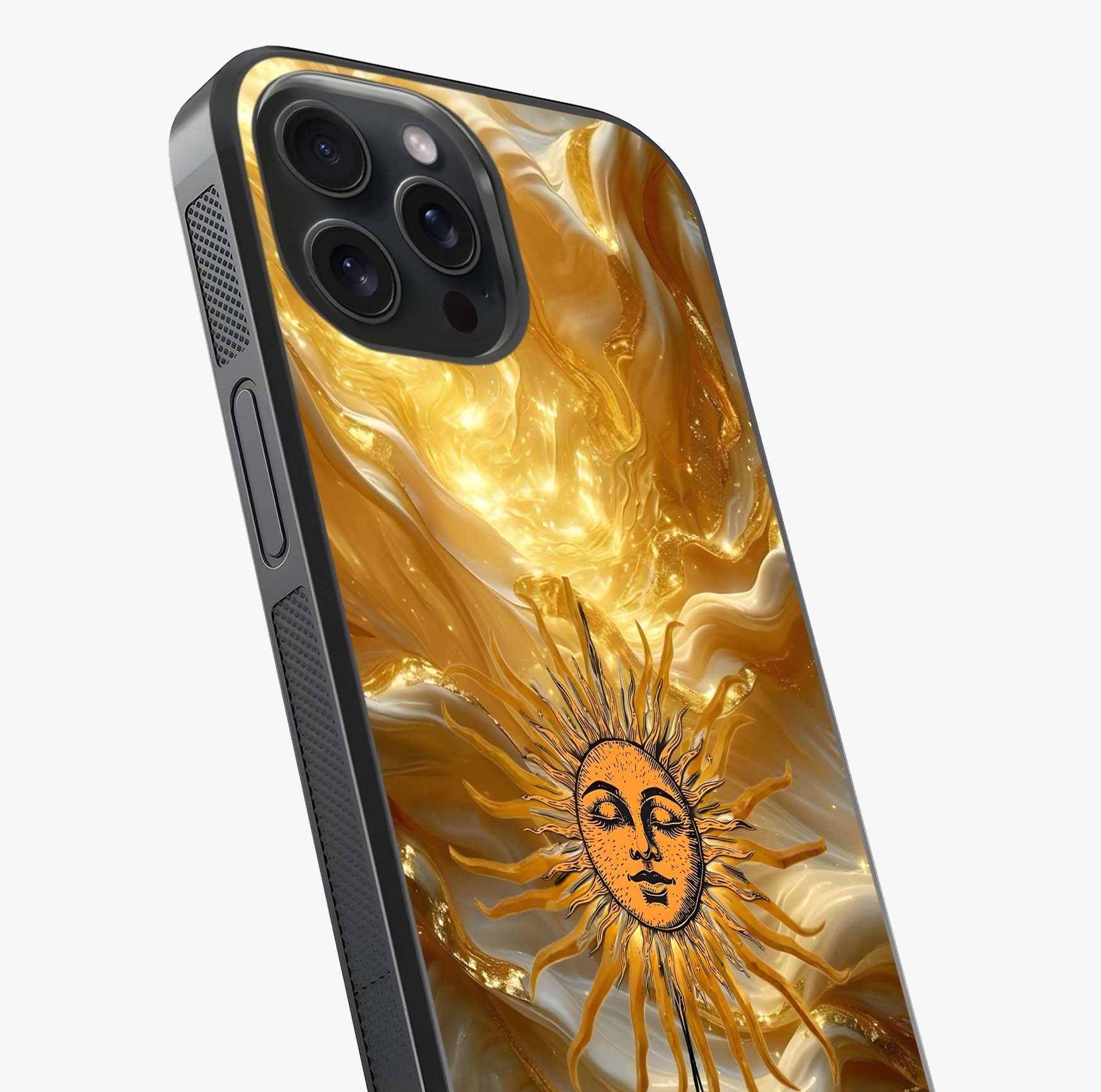Eternal Golden Glow Glass Case captured at a warm angle highlighting gloss, texture and premium glass finish.