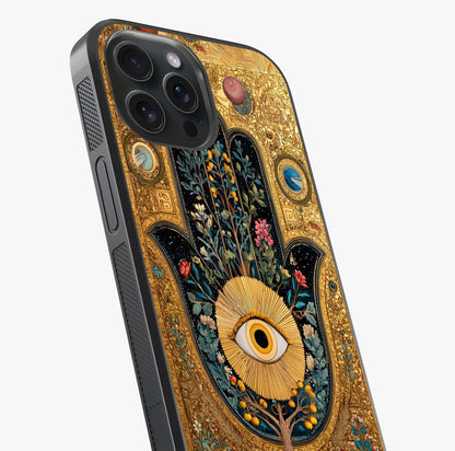 Ethereal Evil Eye Glass Case captured at a warm angle highlighting gloss, texture and premium glass finish.