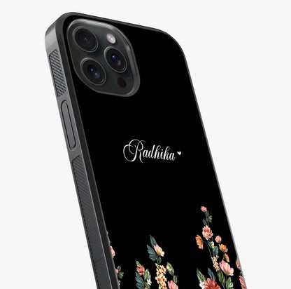 Floral Design With A Custom Personalized Name Glass Case captured at a warm angle highlighting gloss, texture and premium glass finish.