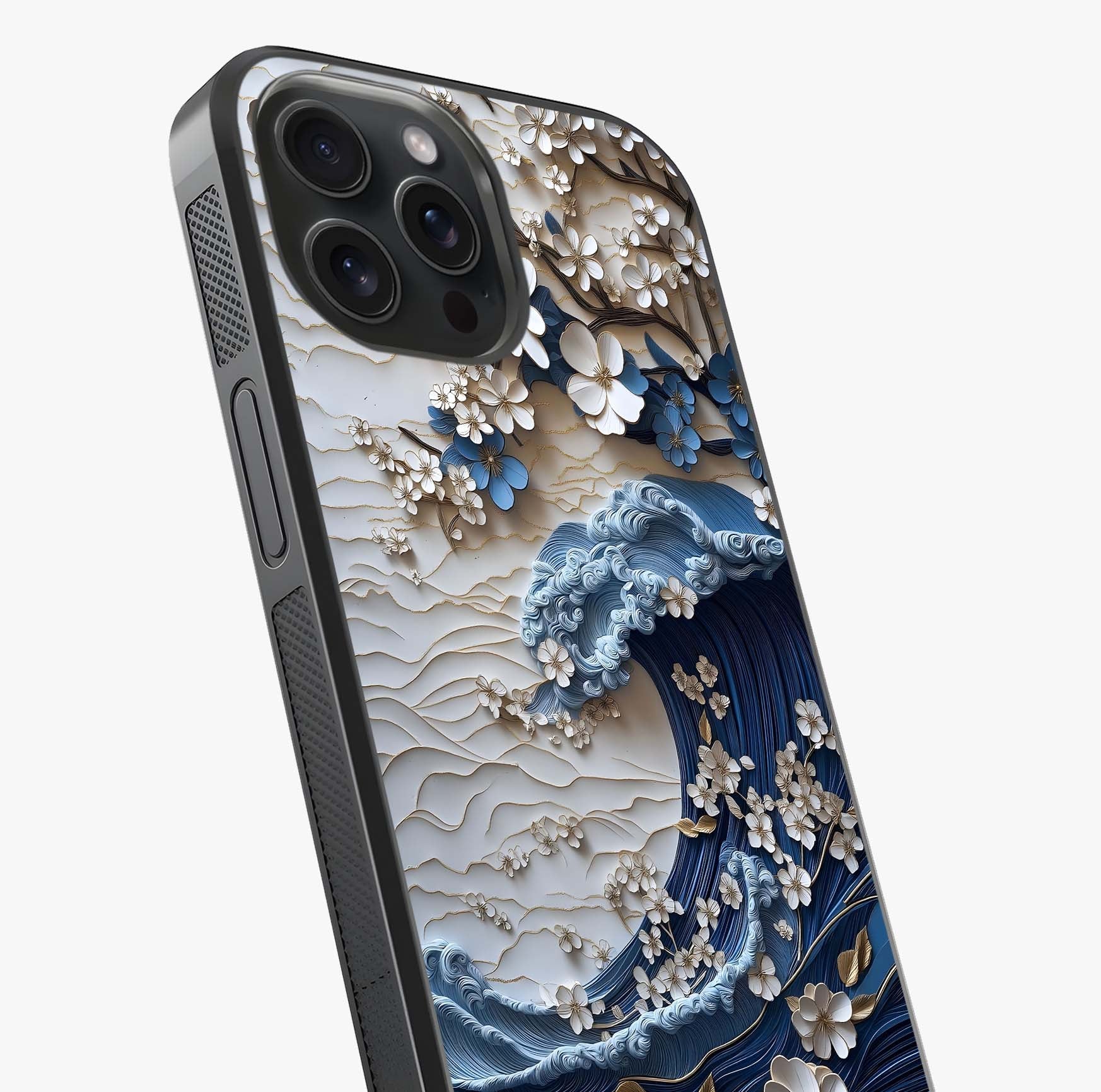 Floral Wave Origami Glass Case captured at a warm angle highlighting gloss, texture and premium glass finish.