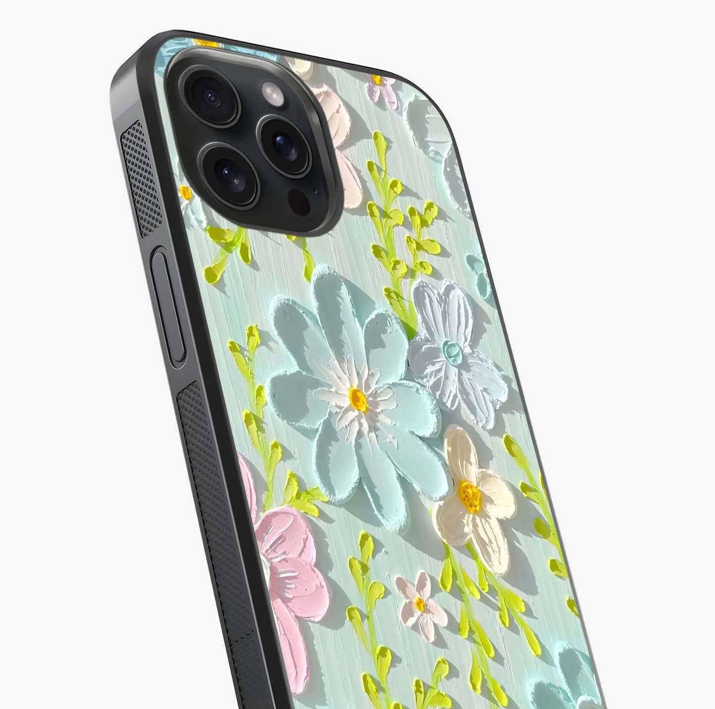 Frosted Petal Garden Glass Case captured at a warm angle highlighting gloss, texture and premium glass finish.