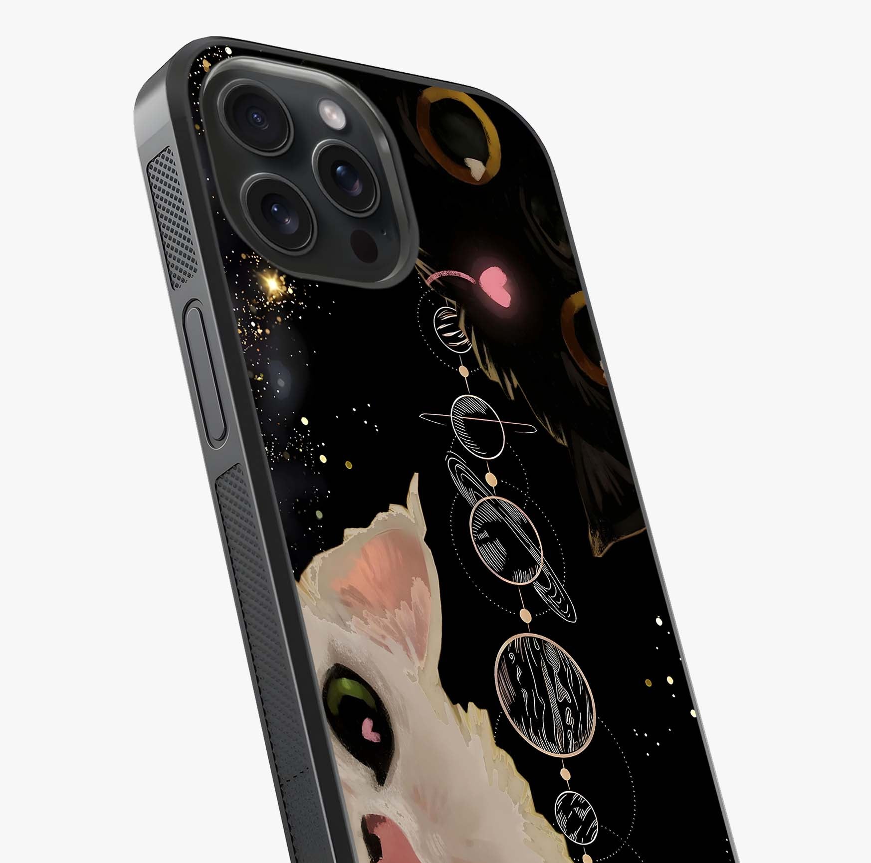 Galactic Cat Glass Case captured at a warm angle highlighting gloss, texture and premium glass finish.