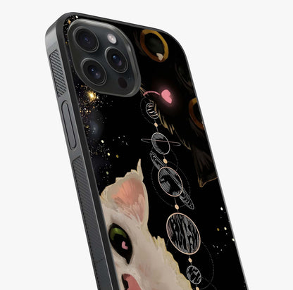 Galactic Cat Glass Case captured at a warm angle highlighting gloss, texture and premium glass finish.