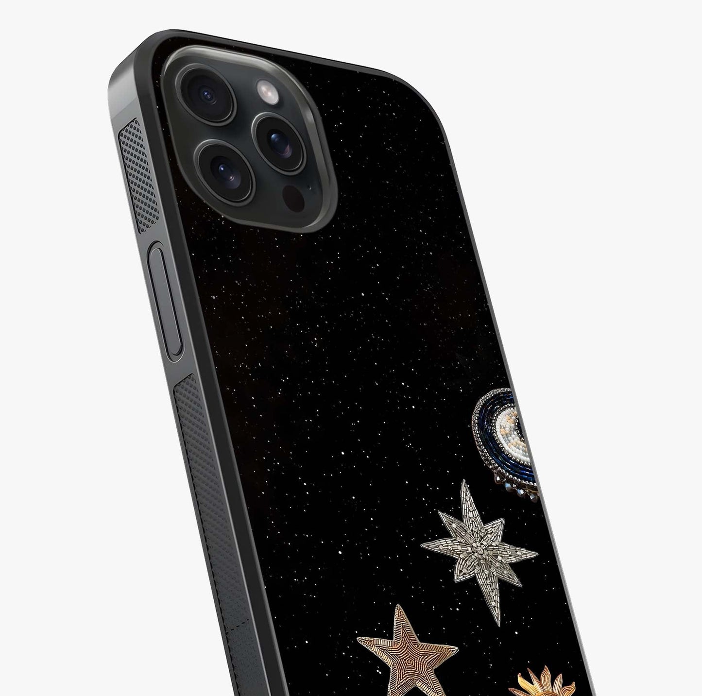 Galactic Charm Glow Glass Case captured at a warm angle highlighting gloss, texture and premium glass finish.