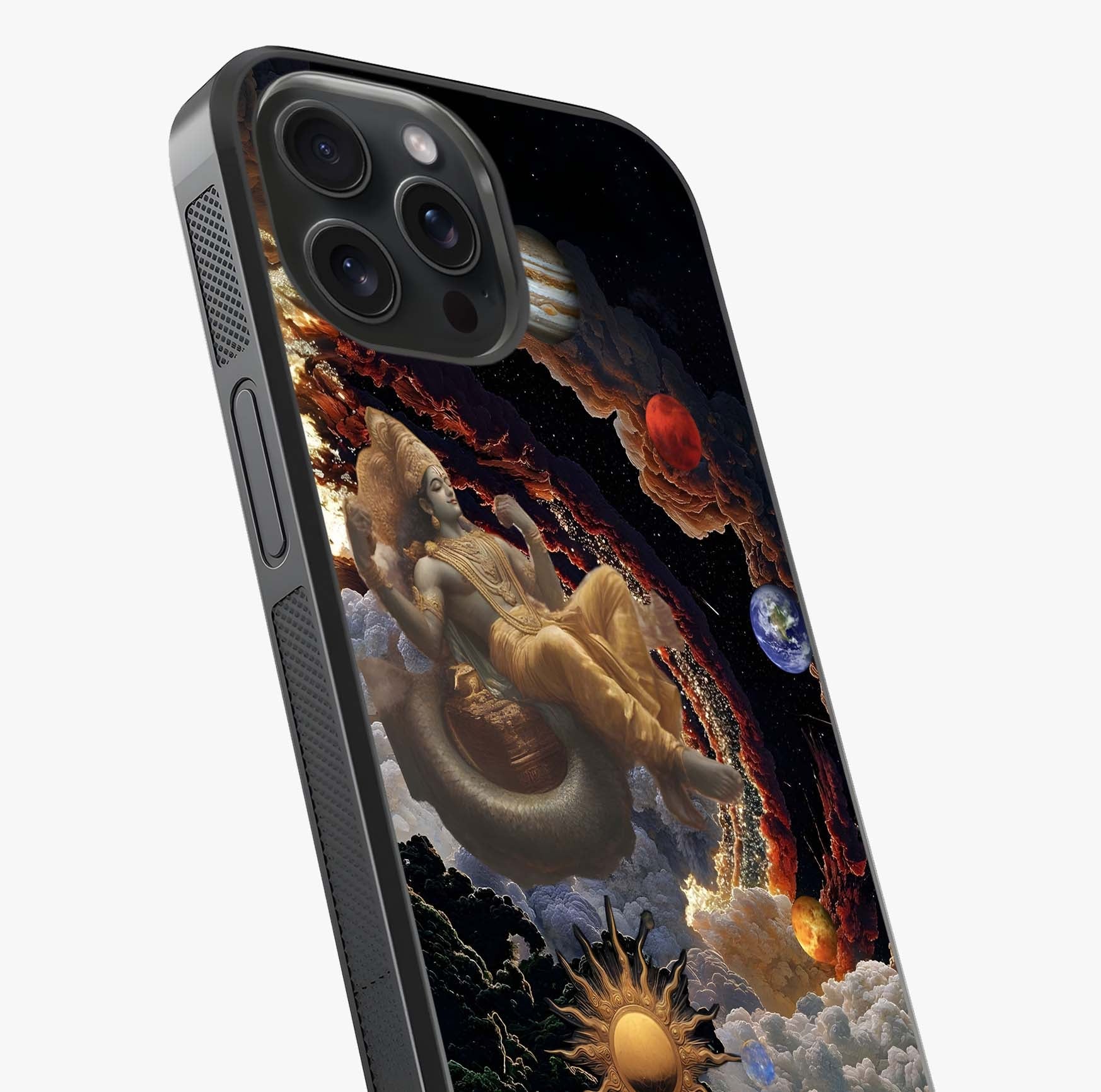 Galactic Divine God Glass Case captured at a warm angle highlighting gloss, texture and premium glass finish.