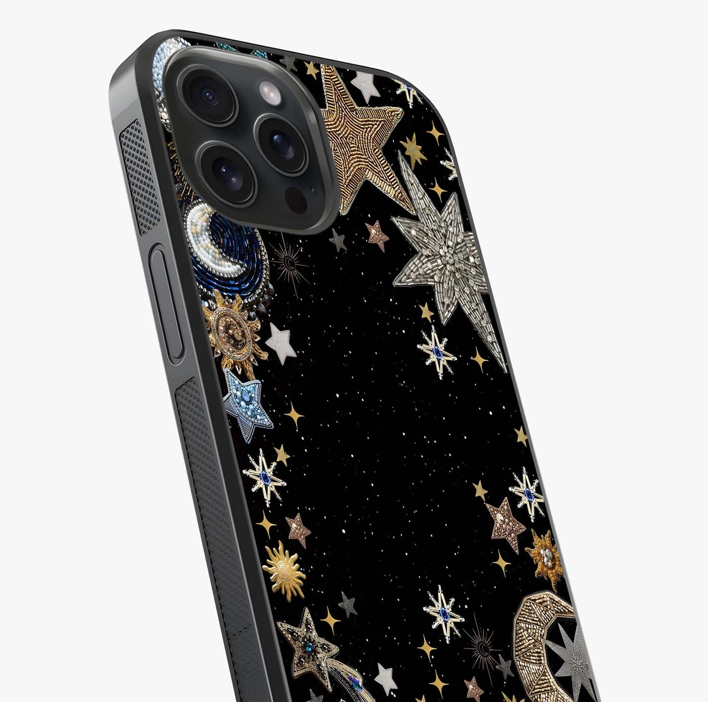 Galactic Jewel Stars Glass Case captured at a warm angle highlighting gloss, texture and premium glass finish.