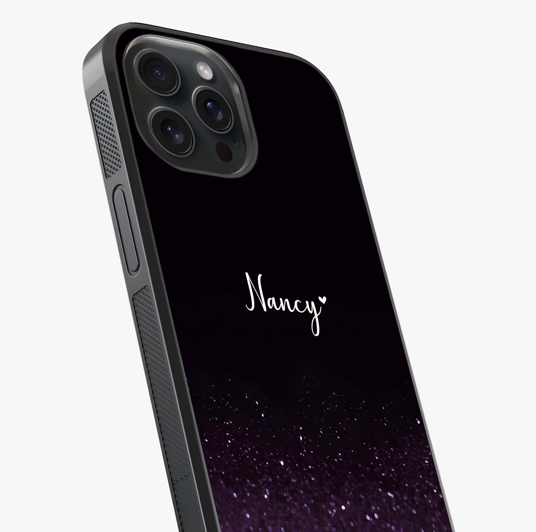 Glittery Purple Bokeh Custom Name Glass Case captured at a warm angle highlighting gloss, texture and premium glass finish.
