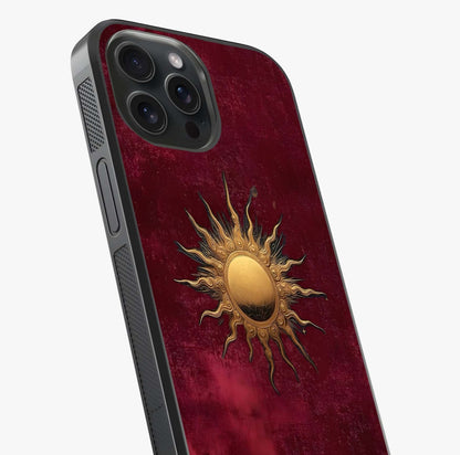 Gold Sun Blush Glass Case captured at a warm angle highlighting gloss, texture and premium glass finish.