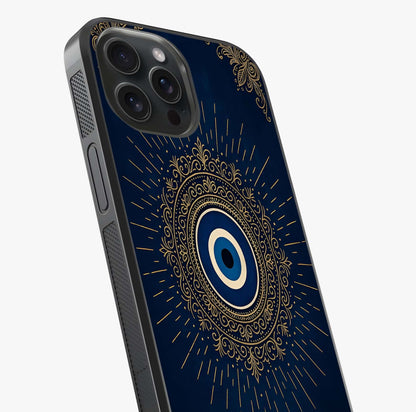 Golden Evil Eye Mandala Glass Case captured at a warm angle highlighting gloss, texture and premium glass finish.