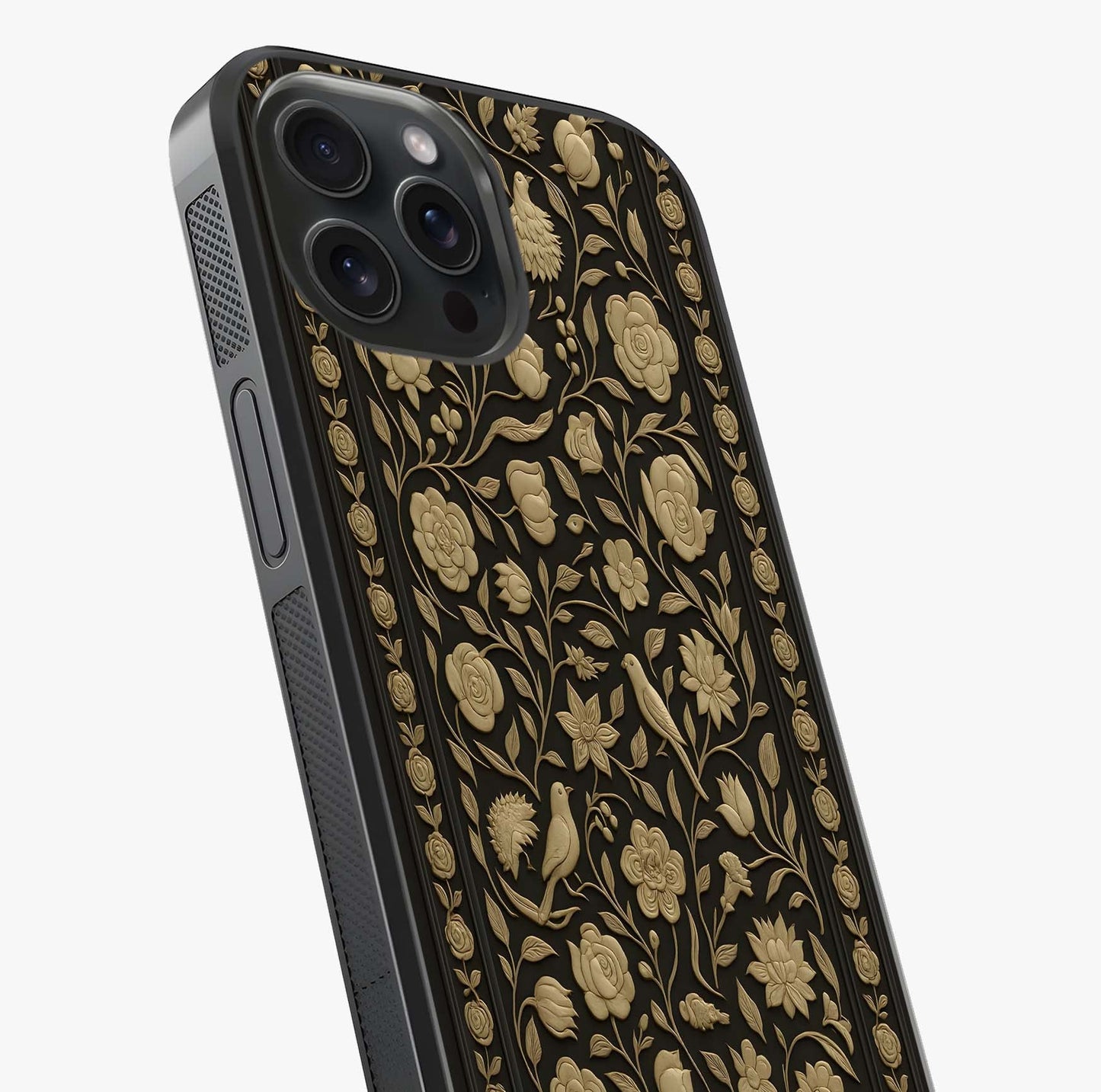Golden Floral Majesty Glass Case captured at a warm angle highlighting gloss, texture and premium glass finish.