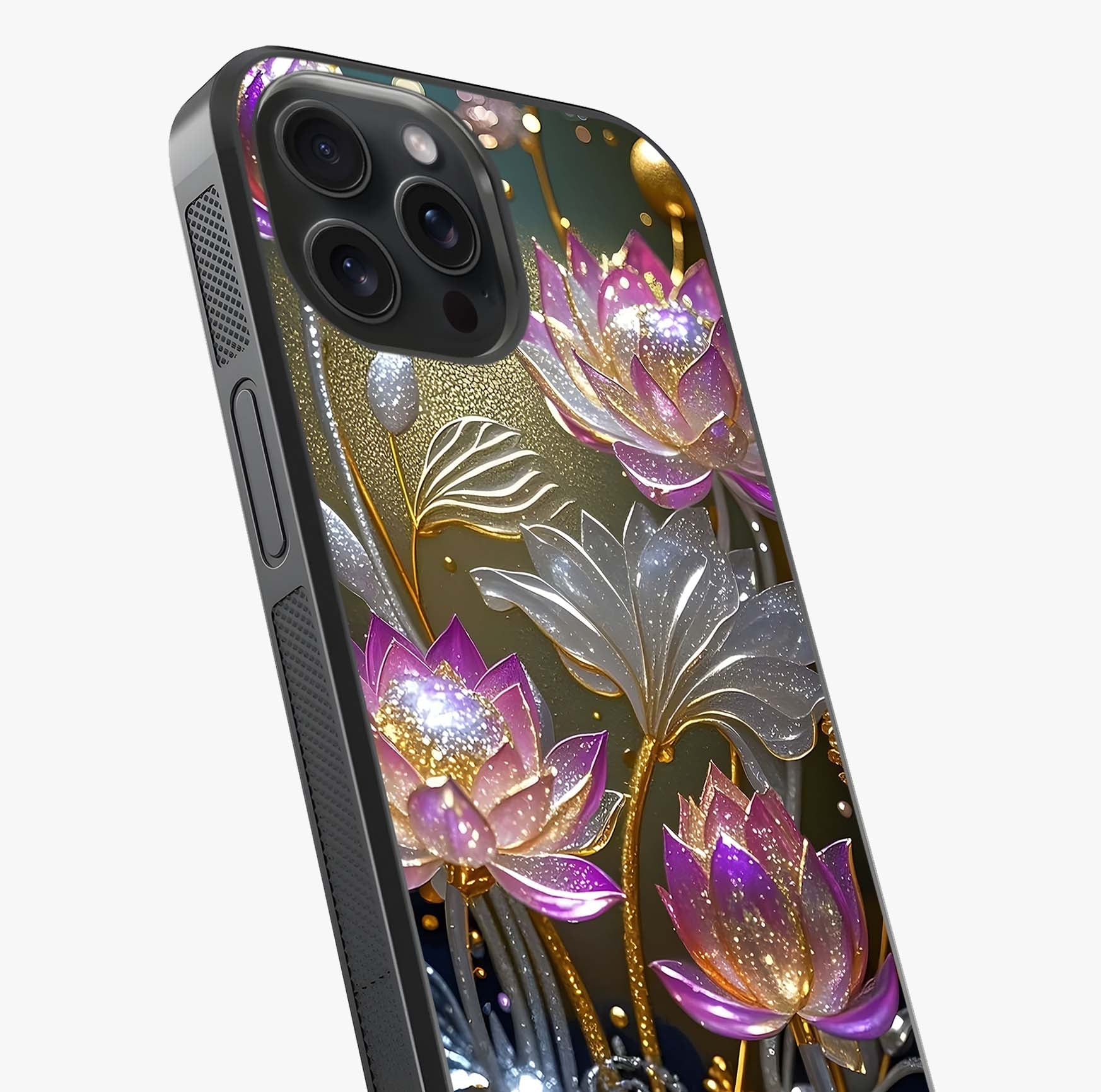 Golden Lotus Glow Glass Case captured at a warm angle highlighting gloss, texture and premium glass finish.