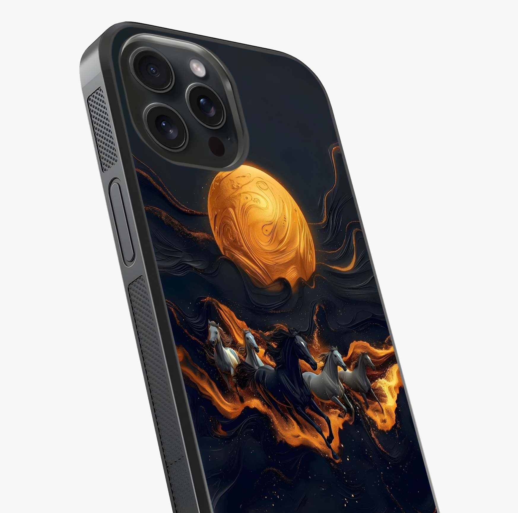 Golden Stallion Moonride Glass Case captured at a warm angle highlighting gloss, texture and premium glass finish.