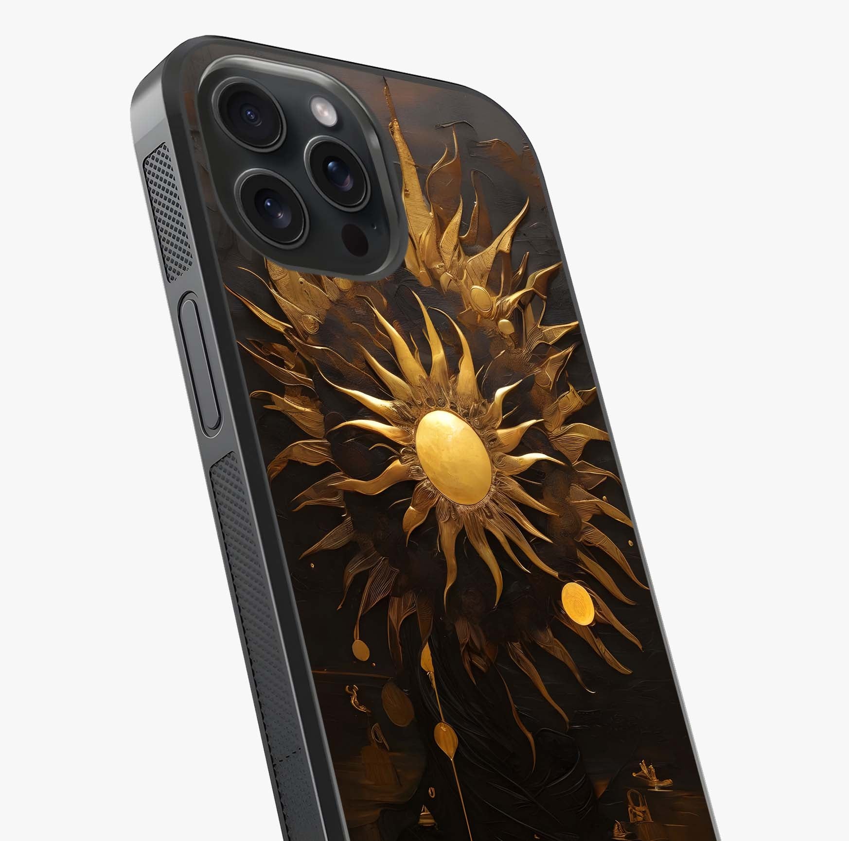 Golden Sun Majesty Glass Case captured at a warm angle highlighting gloss, texture and premium glass finish.