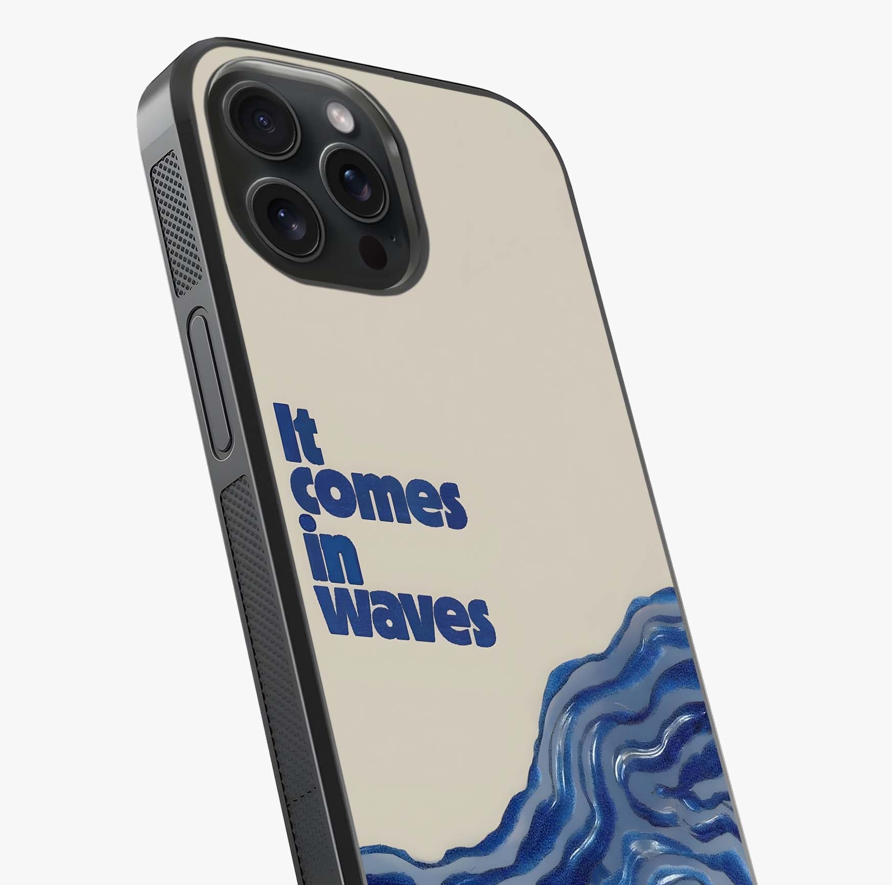 It Comes In Waves Quote Glass Case captured at a warm angle highlighting gloss, texture and premium glass finish.