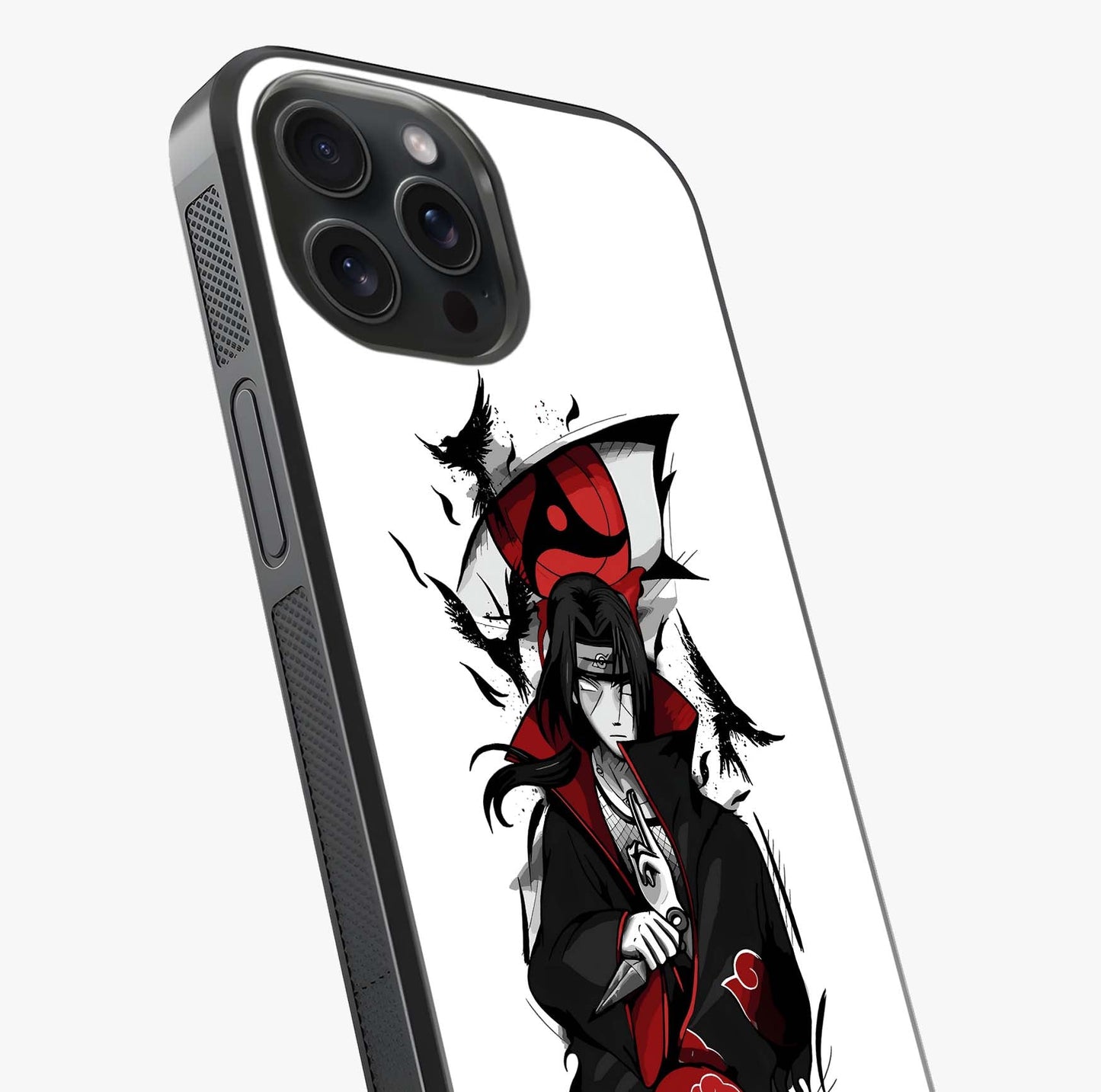 Itachi Sharingan Glass Case captured at a warm angle highlighting gloss, texture and premium glass finish.