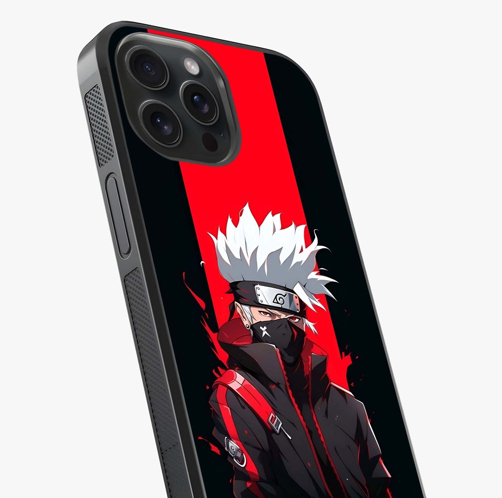 Kakashi Scarlet Shadow Glass Case captured at a warm angle highlighting gloss, texture and premium glass finish.