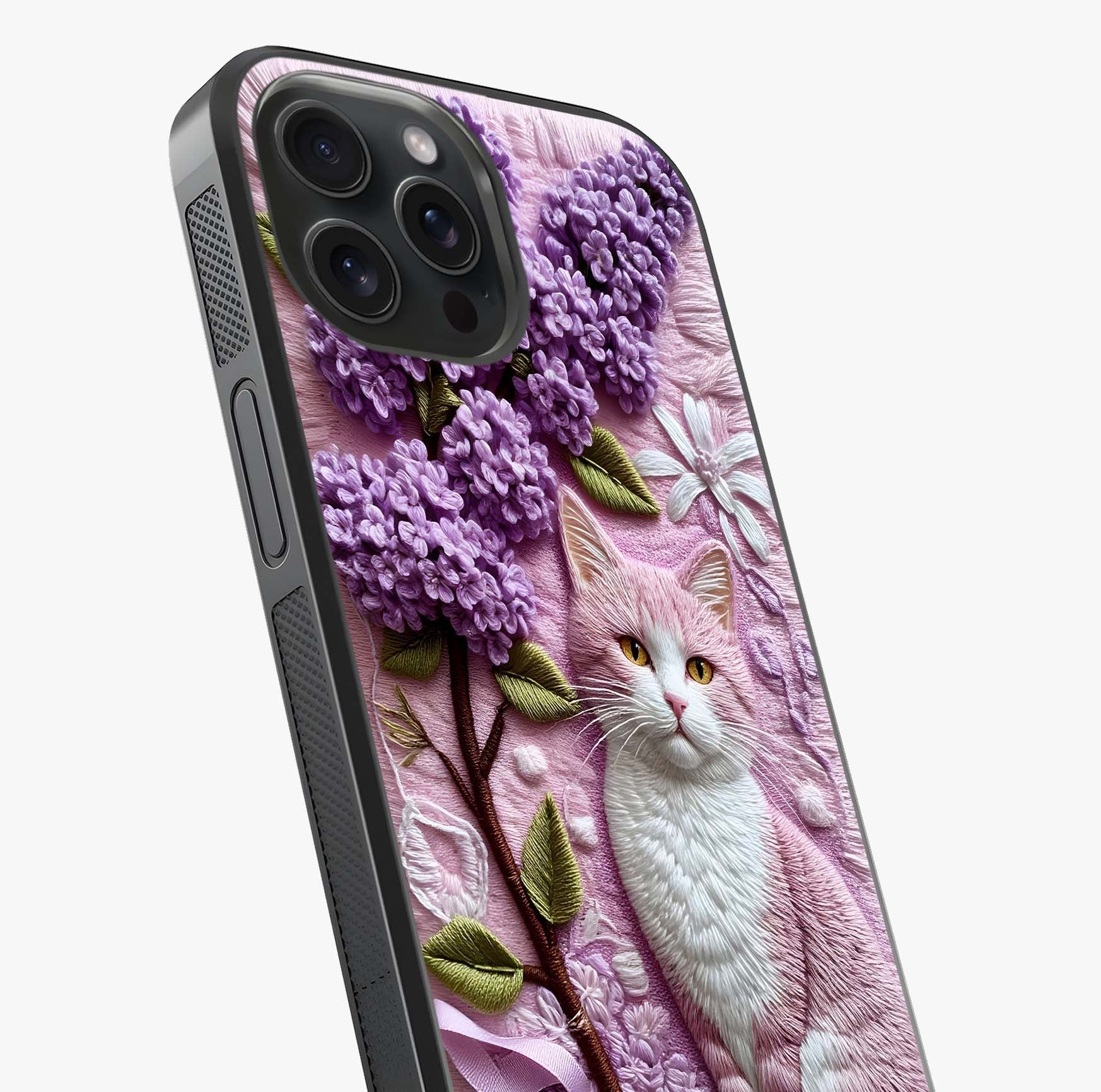 Lavender Cat Whimsy Glass Case captured at a warm angle highlighting gloss, texture and premium glass finish.