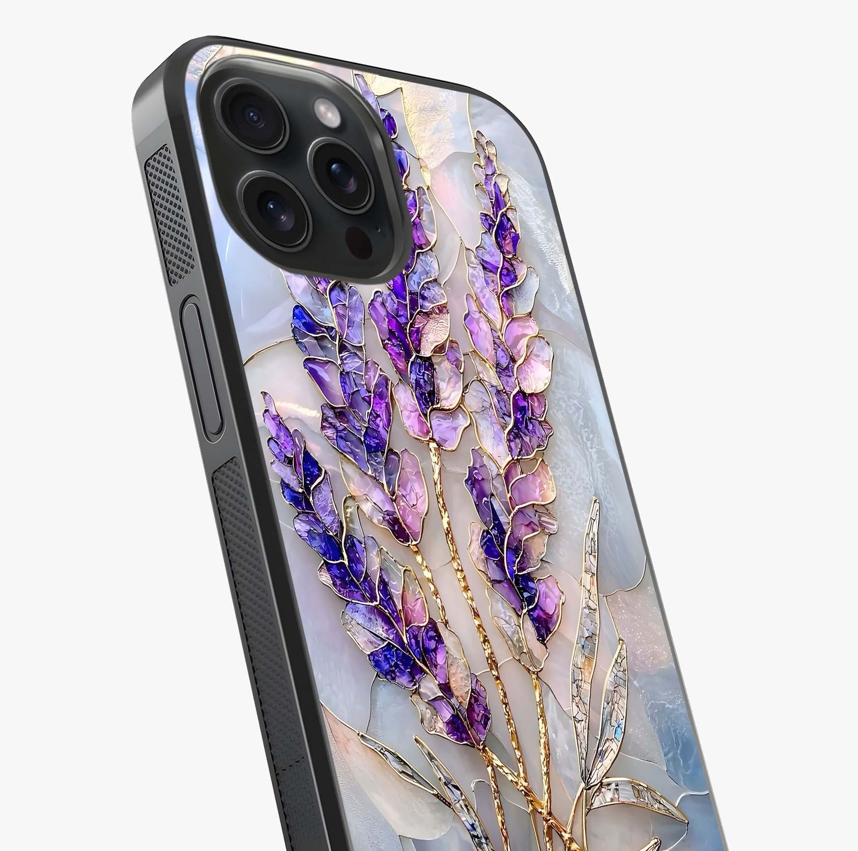 Lavender Dream Glow Glass Case captured at a warm angle highlighting gloss, texture and premium glass finish.