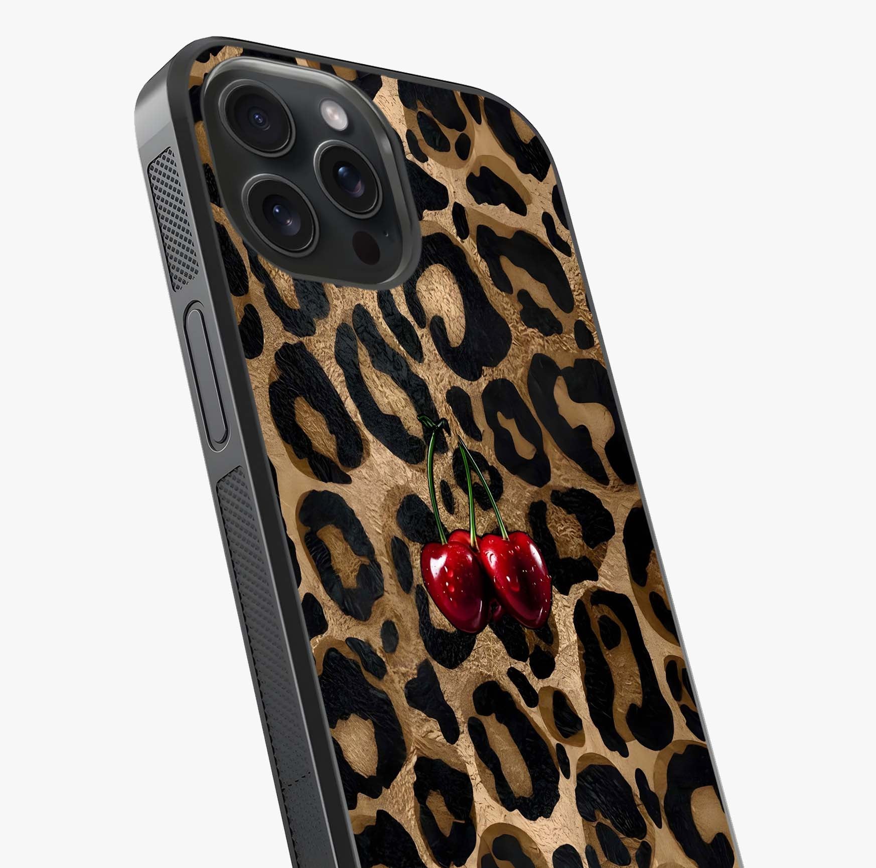 Leopard Wild Cherry Glass Case captured at a warm angle highlighting gloss, texture and premium glass finish.