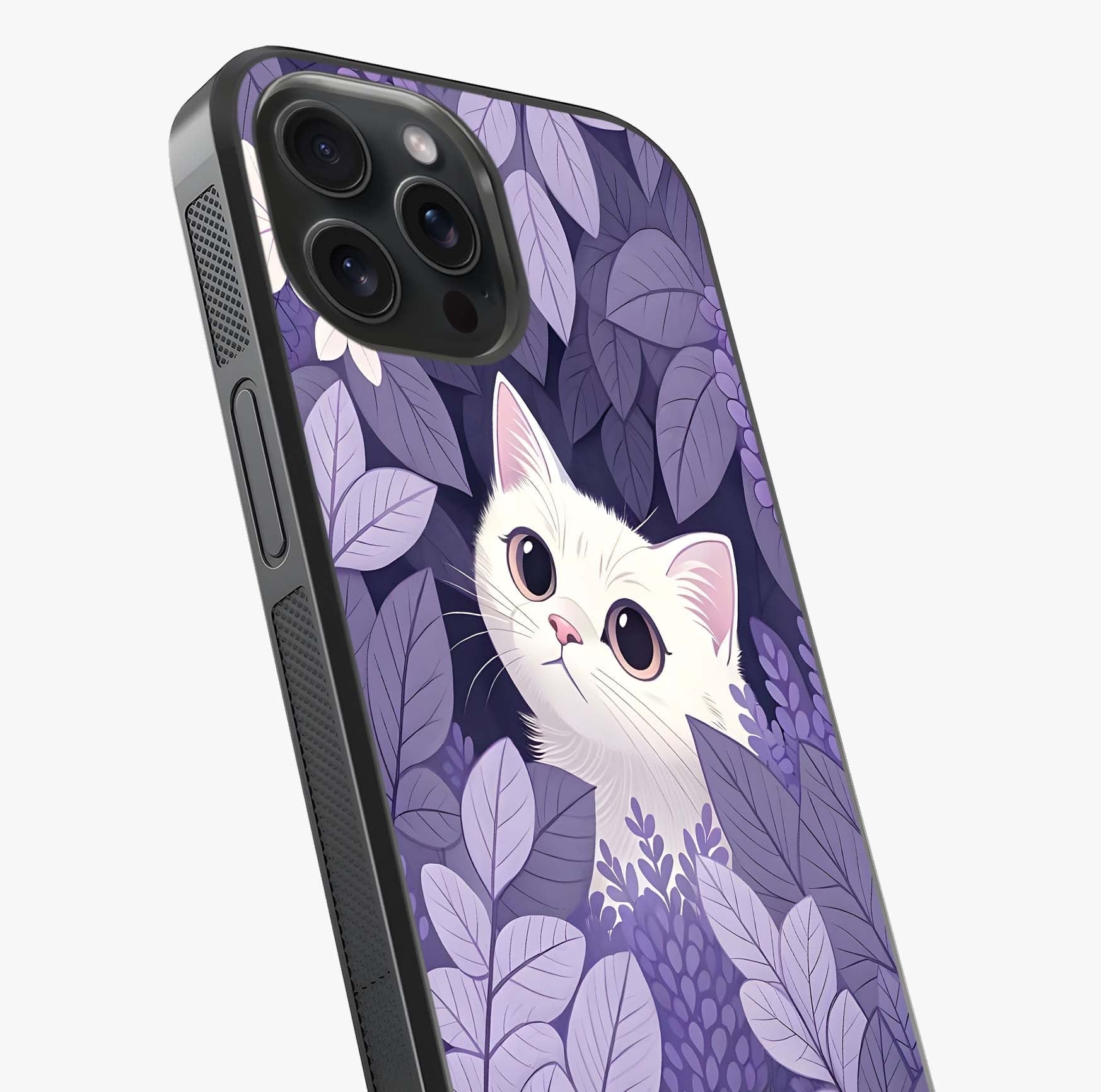 Lilac Hide Peek Cat Glass Case captured at a warm angle highlighting gloss, texture and premium glass finish.